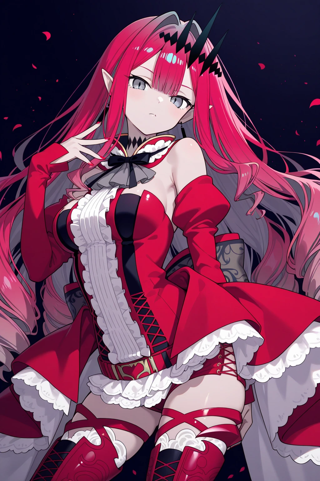 masterpiece, intricate detailed,bestquality, {{masterpiece}},bestquality, extremely detailed cg unity 8k wallpaper,Guro, dynamic angle, walk towards the audience, Nepgear, flat chest, grey eyes, looking at the audience,Good personality, cry, evil grin, A black and red shirt with blood on it...., purple shirt with torn pattern, Thigh strap, long red hair, purple shoes, white thighhighs, Hair ornaments, Blood is splattered, Blood Moon, forests,grey eyes,Blood rain,Corpses along the way.......,large boobs,Lifelike hands