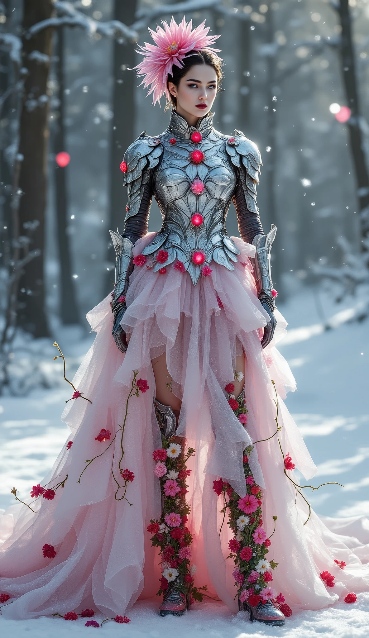 *"Alexander McQueen armored bodice with articulated silver plates shaped like dahlia petals, each holding a single frozen cranberry that refracts light. Viktor & Rolf tutu made from 1000 pressed pansies preserved in ice resin. Boots with growing strawberry runners that tangle around the legs."*
**Flux Keys:**
`--ar 16:9 --styleize 920 --chaos 50 --weird 350`
`--temp "below_zero" --material "cryo_botanical"`
