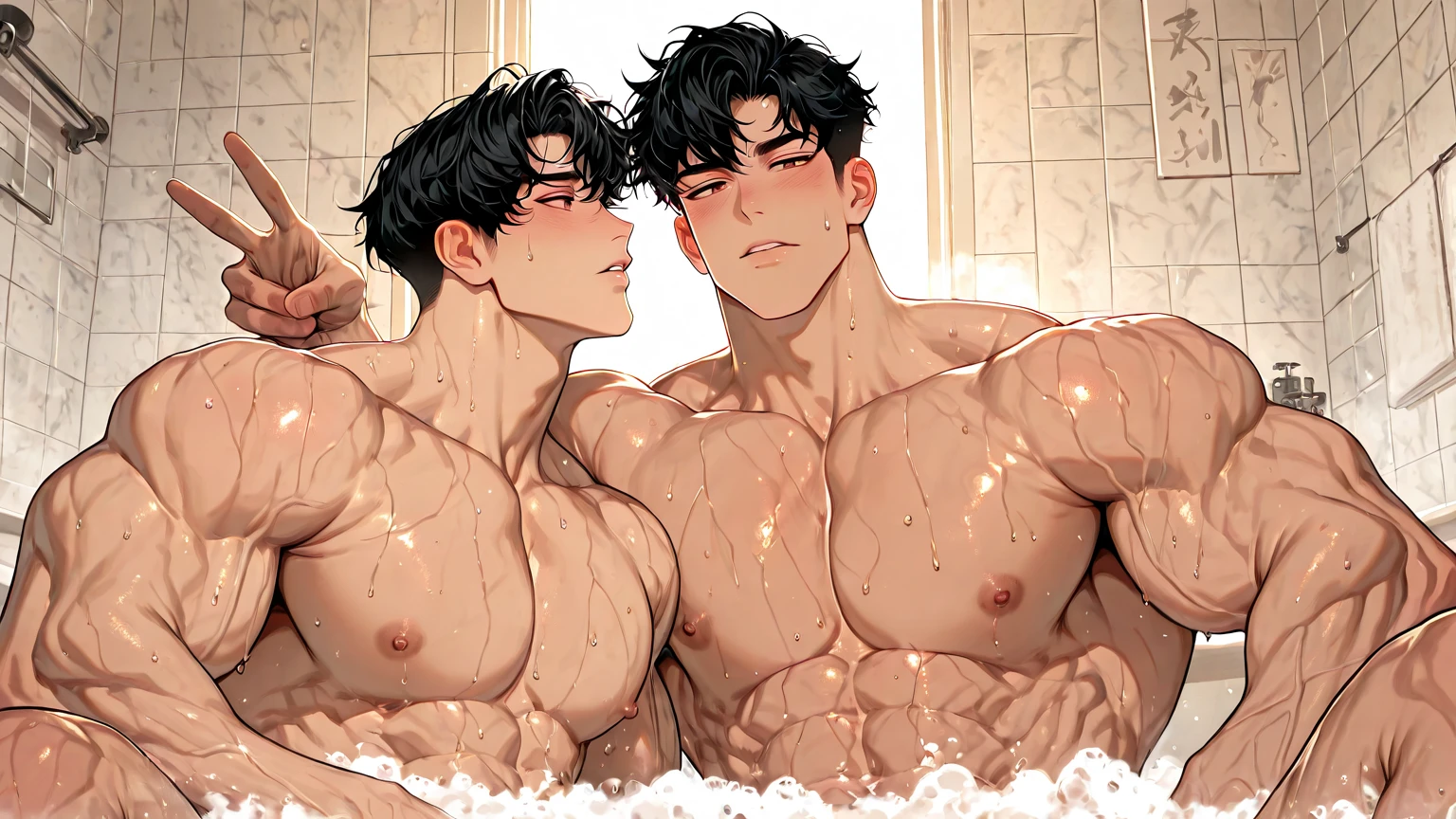 Two men face each other tongue kiss, completely naked, looking down from above, super wide angle, muscles! , muscular!!, muscular! White, show off his muscles, muscular !!!, beef cake pose, muscular! Quite muscular, giga muscular, handsome anime pose, muscular, lean and muscular, muscular, lean but muscular, perfect body, tall and muscular, bulging, huge bulge,