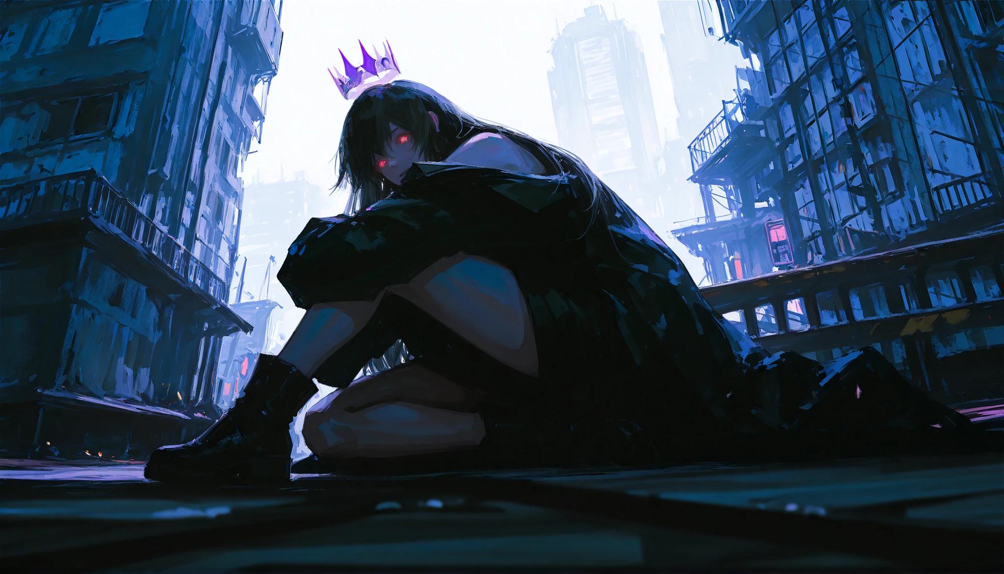(1girl:1.3), no cat features, black soaked long hair flowing in the wind, glowing red spiral eyes, pale skin, expression of deep rage and determination, elegant punk fashion, dark heavy coat worn halfway off the shoulders, toned legs exposed, slim and powerful build.

She kneels on the shattered rooftop of a collapsed skyscraper, not fully in profile — her body is **angled slightly toward the viewer**, capturing both her posture and part of her gaze. **Both elbows rest firmly on her knees**, hands relaxed, projecting dominance and silence. 

Above her, a **spectral purple crown** floats, flickering like unstable light. Around her, **burning violet aura** (1.5) flows across her back and shoulders, casting an unnatural glow onto the ruined rooftop.

Behind and around her, the **collapsed rooftop extends into chaotic cyberpunk Tokyo** — twisted beams, exposed rebar, shattered glass, antennas sparking. In the distance, neon **billboards flicker violently**, some exploding into **bright green sparks**, with **floating kanji signs** and glitching advertisements pulsing in midair.

**The sky glows with purple lightning**. Electric drones hover broken in the air. Neon reflections dance across every surface.

A large **puddle of rain beneath her reflects her body, crown, aura and all the luminous chaos above** — glowing vividly in tones of violet, green, and pink. Wind whips her coat, embers swirl around like fireflies.

(background: high rooftop ruins, collapsed Tokyo skyline, no walls blocking view, open air, vertical city abyss behind), vibrant neon overload, cinematic rain, glowing holograms, reflections, bokeh haze, neon kanji, (Film Still, low angle shot:1.4), high emotion, cyberpunk devastation, (kan liu:1.1), (96yottea:1.2), usnr style, ultra detail, surreal scale, 32K film grain
