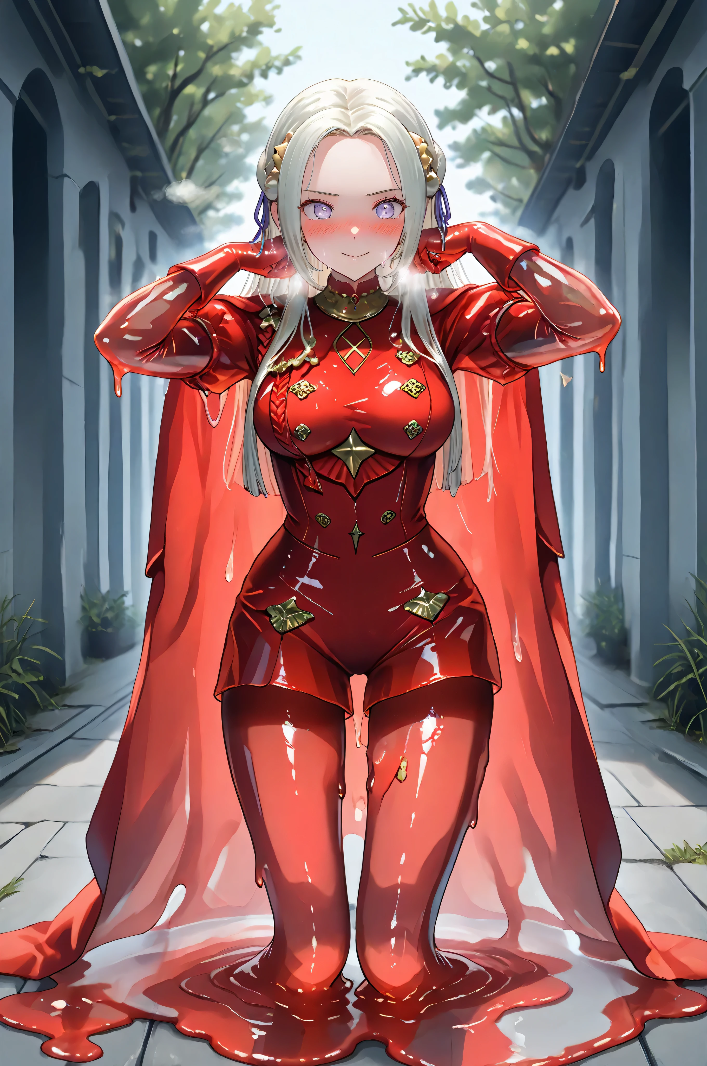 (adult Edelgard:1.0, shy face, blushing, heavy breathing, dynamic erotic pose:1.0, sss:1.0, translucent:1.0, subsurface scattering:1.0, transparent, transparent red cape, transparent red pantyhose stockings), dripping,puddle,melting,See-through clothes,eyesHD,JellyGirl, transparent skin, transparent, translucent, jelly, slimegirl, liquidy, viscous 1girl, monster girl, slime girl objects in body,slime girl,transparent,translucent,See-through clothes, amazing, scenery, nice image composition,