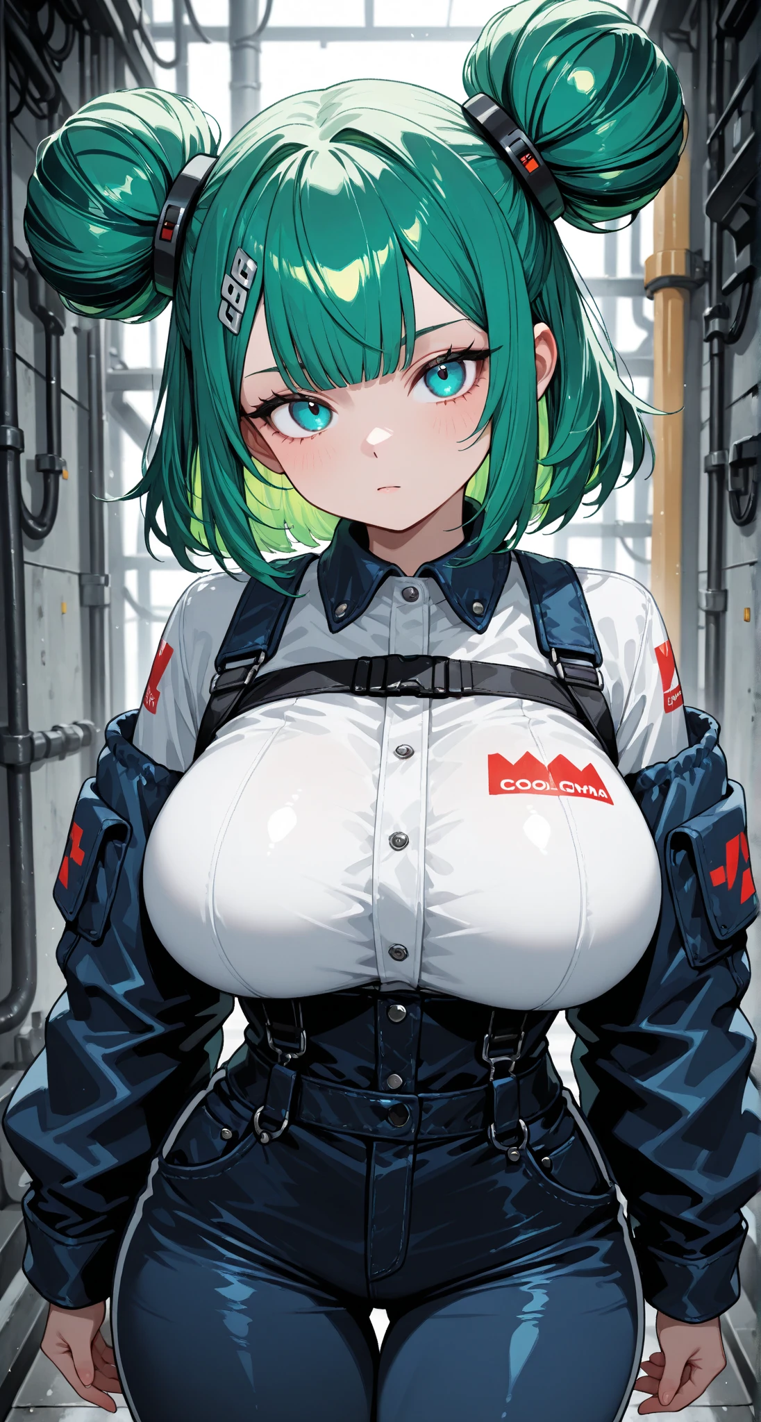 1 girl, sexy trucker anime girl, standing outside next to a truck, massive breasts, slutty outfit, cleavage, teasing pose