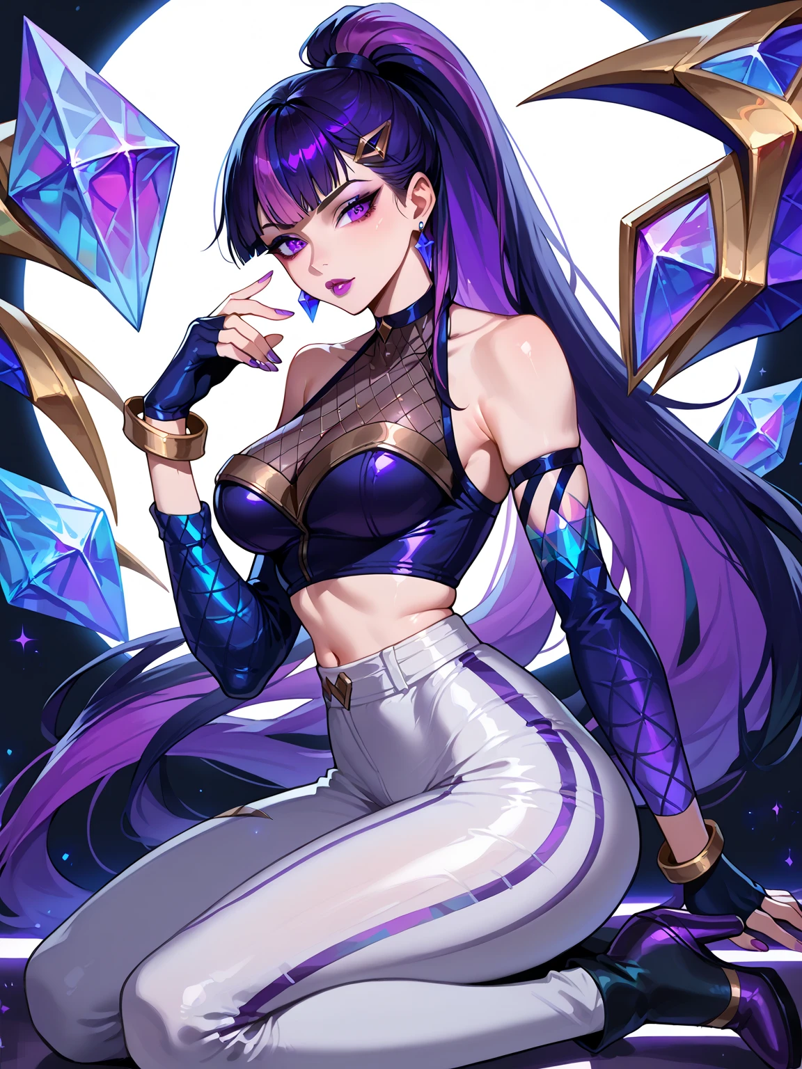 kda all out,kaisa
1girl, solo, k/da \(league of legends\),
ponytail, hair ornament, very dark hair, multicolored hair, very long hair, hair between eyes, hairclip, two-tone hair, bangs, streaked hair, hair pulled back, asymmetrical bangs,
purple eyes, eyeshadow, lipstick, lips, purple lips, mascara,
choker, jewelry, earrings, crop top, halterneck, detached sleeves, fingerless glove, elbow gloves, purple nails, bracelet, nail polish,
midriff, bare shoulders, navel, wings, crystals,
high-waist pants, tight pants, white pants, high heel boots,large breast,Thick thighs,Side view,Kneeling pose,Confident face