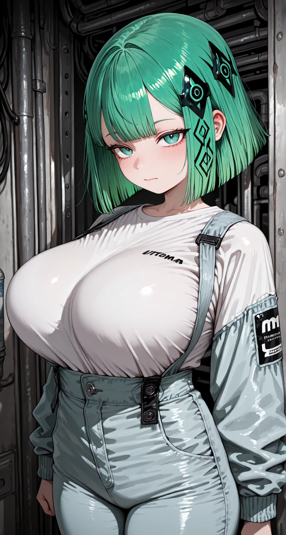 TOUYAMAMISUZU GREEN HAIR SHORT HAIR, GREEN EYES,, large breasts, , empty eyes , large breasts, solo, nipple, ride a bicycle, solo,