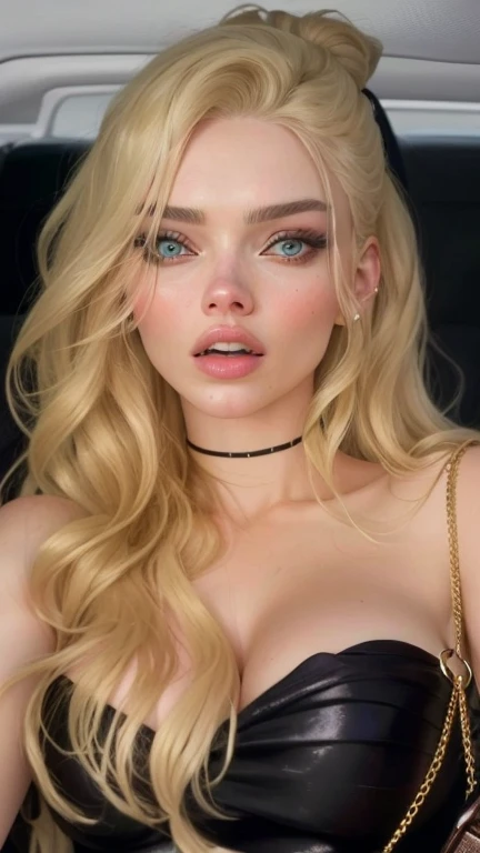 Gorgeous woman with blonde hair and a black dress posing for a picture, sexy face with full makeup, blonde hair and large eyes, thick fancy makeup, glam make-up, inspired by Károly Lotz, wearing gold detailed choker, clear portrait of demi rose, jaw dropping beauty, jaw-dropping beauty, long blonde hair and large eyes, pastel blue eyes,beautiful blue eyes,