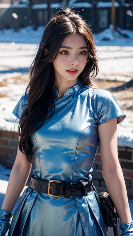Close-up of a woman in a shiny shirt and leather pants, Portraits inspired by Zhang Shuqi, CG society hot topic, Hyperrealism, wearing a light Blue Shirt, Blue Shirt, Bright blue shiny lingerie, Wear a shirt, Wet shirt, metallic cyan bodysuit, Wearing a blouse, Gorgeous Chinese Model, Full body fairy, Blue tight T-shirt