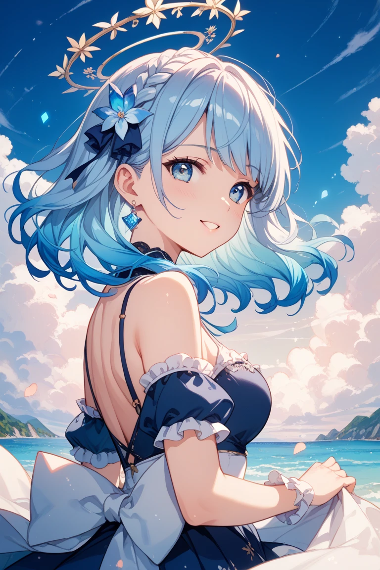 Best quality、Photorealistic、Ultra-detailed、delicate、Orderly、High Detail、Bluish Silver Short Bob、(Drooping heterochromia iris,glowing eyes、Sparkling Eyes:1.3)、Slender、(One girl:1.2)、(Super detailed, masterpiece, 8k, Angelic, 1 girl, Focus on the girl, dress, Wave, blue Ocean, Clear Color, bright, Ocean, transparent:1.3)、Ambient Occlusion、Ambient Light、Ray-traced Reflections、Glow、Shiny Hair、