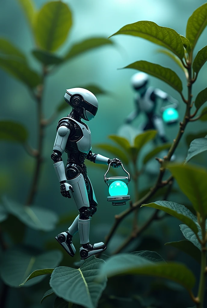 In the background, solar panels and semiconductors are visible in a green forest, and a live-action robot, similar to Boston Dynamics, is standing in the background looking at them.