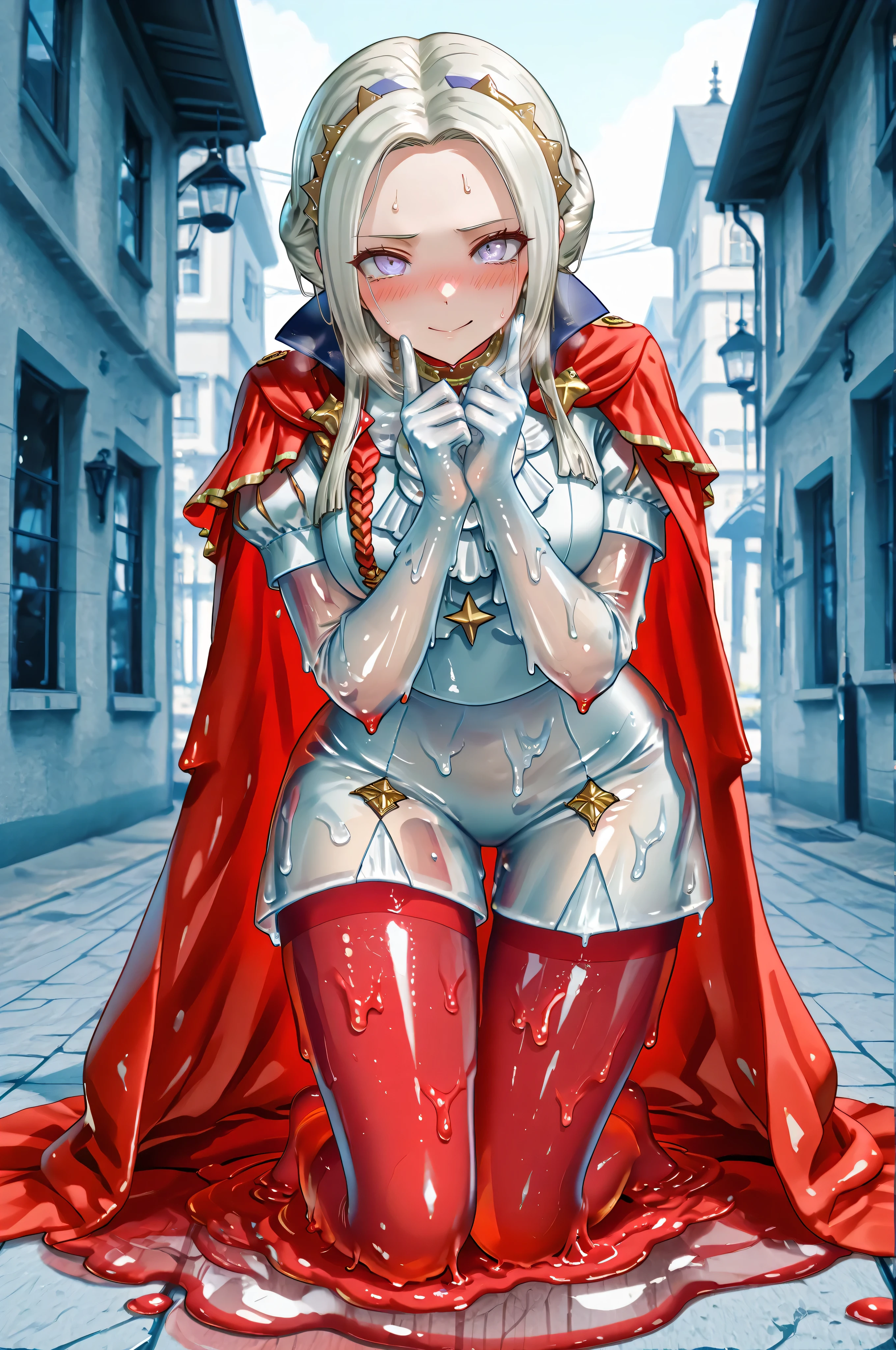 eyesHD,wizardslimus,transparent head,(adult Edelgard:1.0, shy face, blushing, heavy breathing, dynamic erotic pose:1.0, sss:1.0, translucent:1.0, subsurface scattering:1.0, transparent, transparent red cape, transparent red pantyhose stockings), dripping,puddle,melting,See-through clothes,eyesHD,JellyGirl, transparent skin, transparent, translucent, jelly, slimegirl, liquidy, viscous 1girl, monster girl, slime girl objects in body,slime girl,transparent,translucent,See-through clothes, amazing, scenery, nice image composition,
