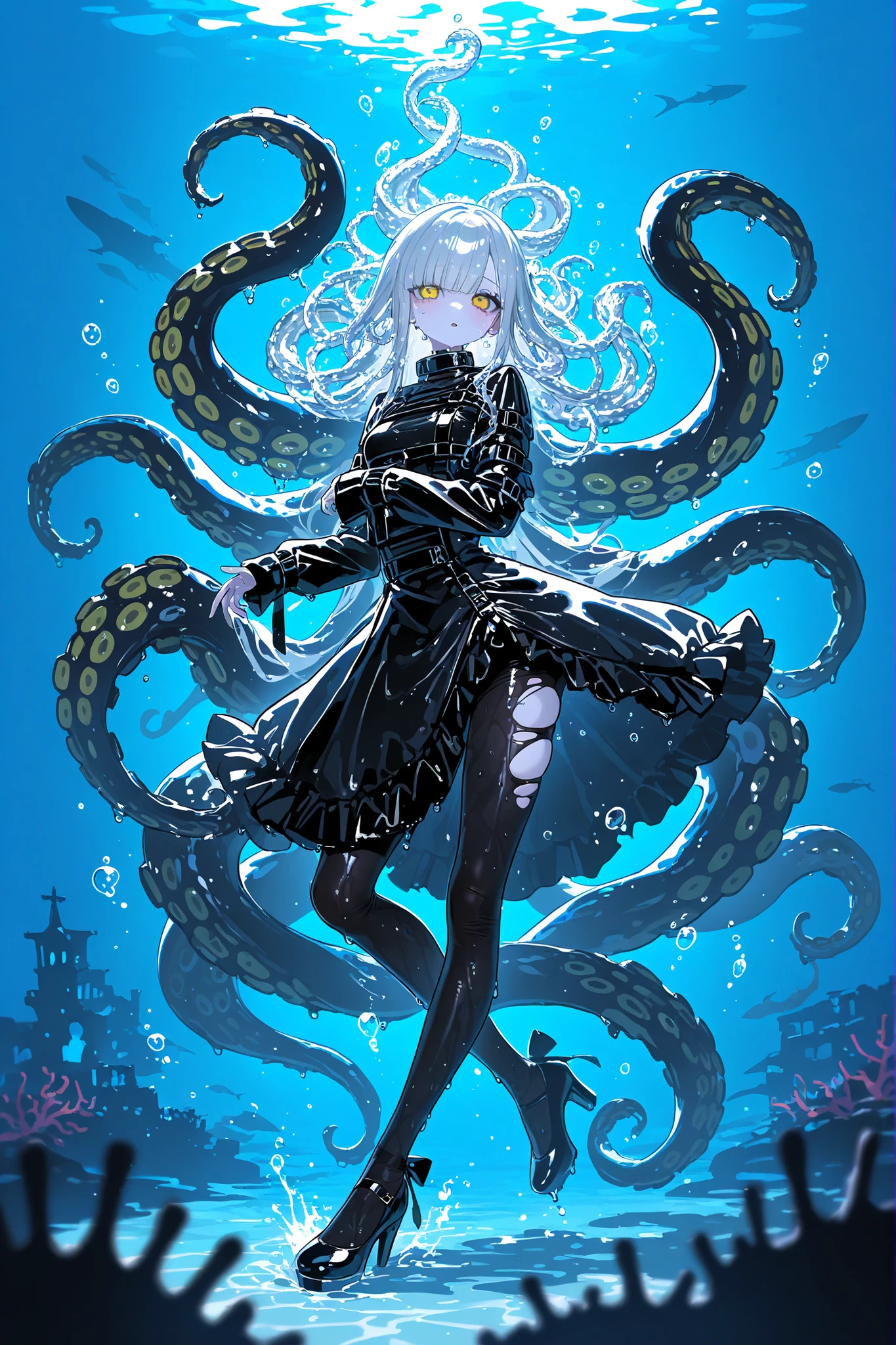 Monster girl a mermaid octopus or a kraken merfolk. She has jet-black ,wet, glossy skin. She has four yellow eyes with a horizontal pupil. She has longest black tentacle hairstyle, tentacles of her bangs are wriggling in the water. She is wearing a long snow-white Gothic-style dress with long straitjacket sleeves. She wearing a white tights and white Mary Jane shoes. There are ribbons of torn bandages around her neck and legs. In the background: a dark Gothic castle underwater overgrown with corals and algae, small silver fish swimming in the water, water bubbles.