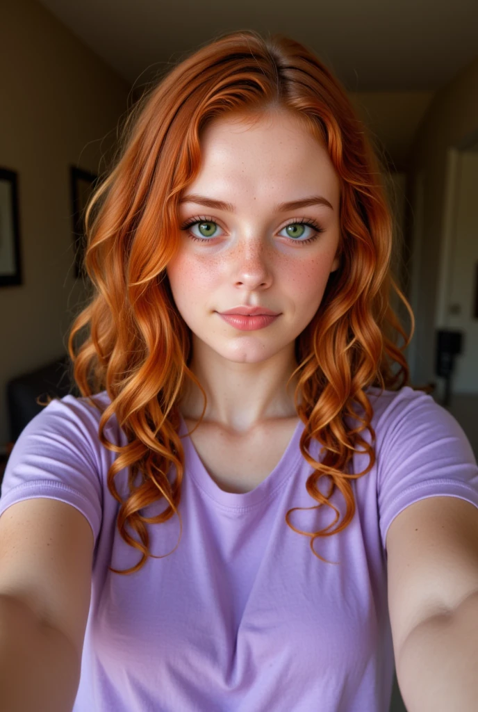 A red-haired girl, 15 years, pale white skin, green eyes, very long curly hair, round face, small upturned nose, Small ears, athletic body, Wide hips, with pajamas, in a bedroom, with children&#39;s decorations, taking a selfie, sad smile, upset, hyperrealism, Ray Tracing, NIKON, 16k, best quality, award winning, high details, super detail, textured skin, anatomically correct, masterpiece