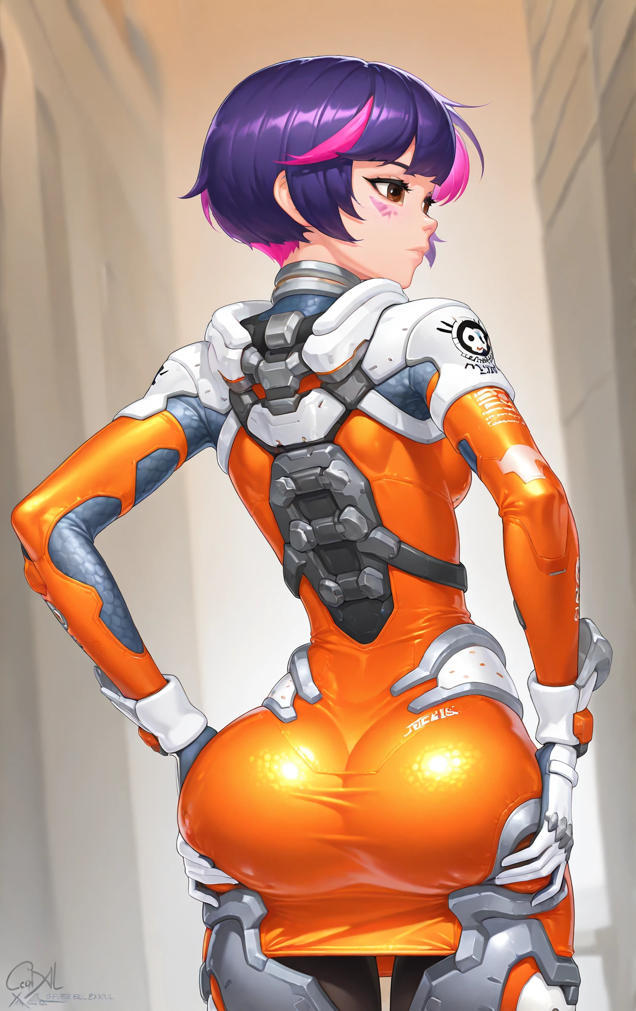 High quality, 1 girl, Juno Teo Minh ((Juno Teo Minh)) from Overwatch, big hips, cout dress, , BREAK junoSDXL, 1girl, short hair, Gloves, pink hair, purple hair, brown eyes, straight bangs, orange swimsuit, skin, orange uniform, She is on her back, with her hands on her butt showing off 