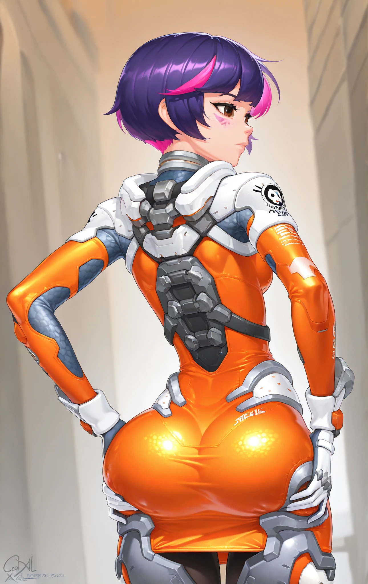 High quality, 1 girl, Juno Teo Minh ((Juno Teo Minh)) from Overwatch, big hips, cout dress, , BREAK junoSDXL, 1girl, short hair, Gloves, pink hair, purple hair, brown eyes, straight bangs, orange swimsuit, skin, orange uniform, She is on her back, with her hands on her butt showing off