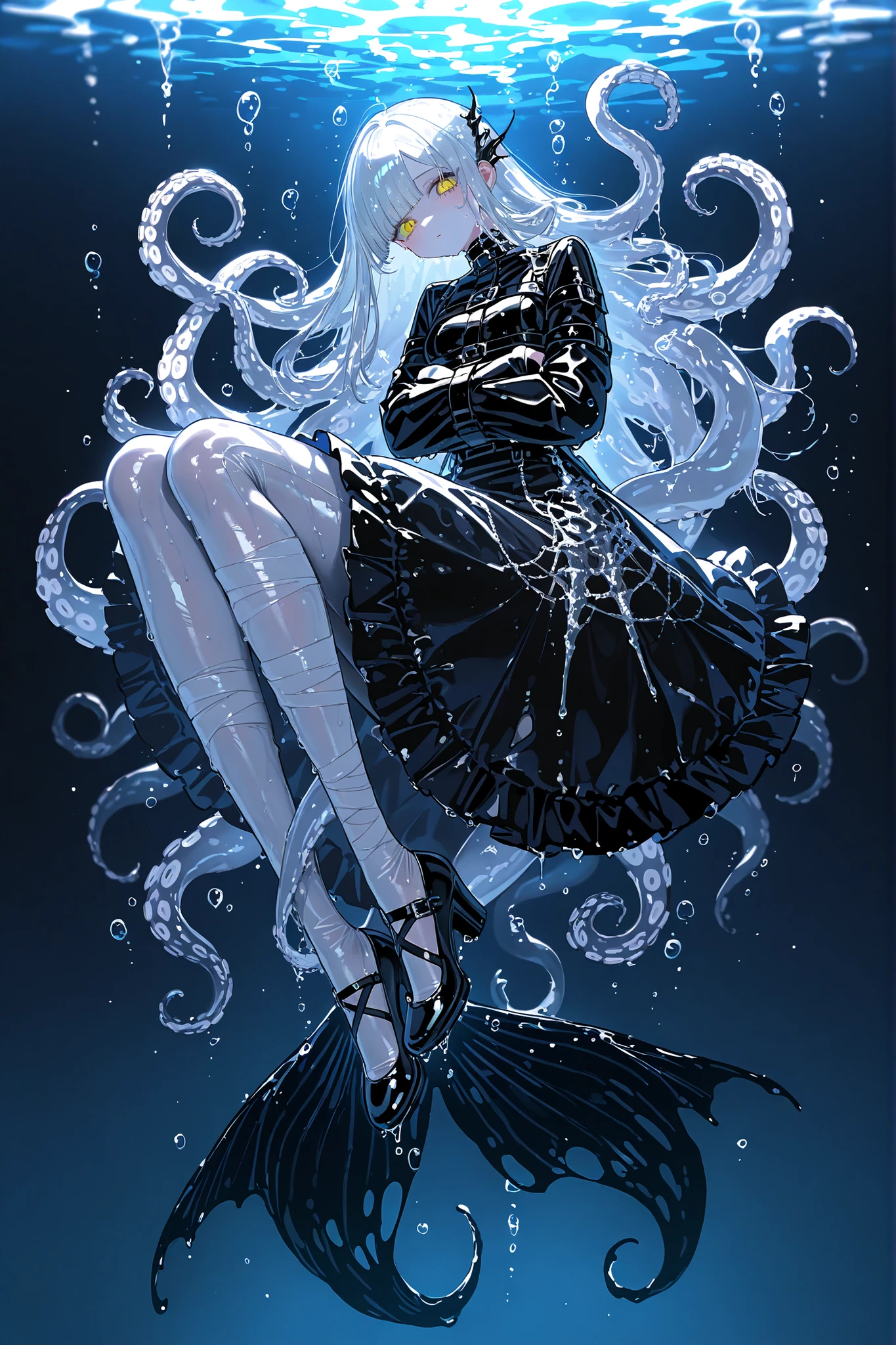 Monster girl a mermaid octopus or a kraken merfolk. She has jet-black ,wet, glossy skin. She has four yellow eyes with a horizontal pupil. She has longest black tentacle hairstyle, tentacles of her bangs are wriggling in the water. She is wearing a long snow-white Gothic-style dress with long straitjacket sleeves. She wearing a white tights and white Mary Jane shoes. There are ribbons of torn bandages around her neck and legs. In the background: a dark Gothic castle underwater overgrown with corals and algae, small silver fish swimming in the water, water bubbles.