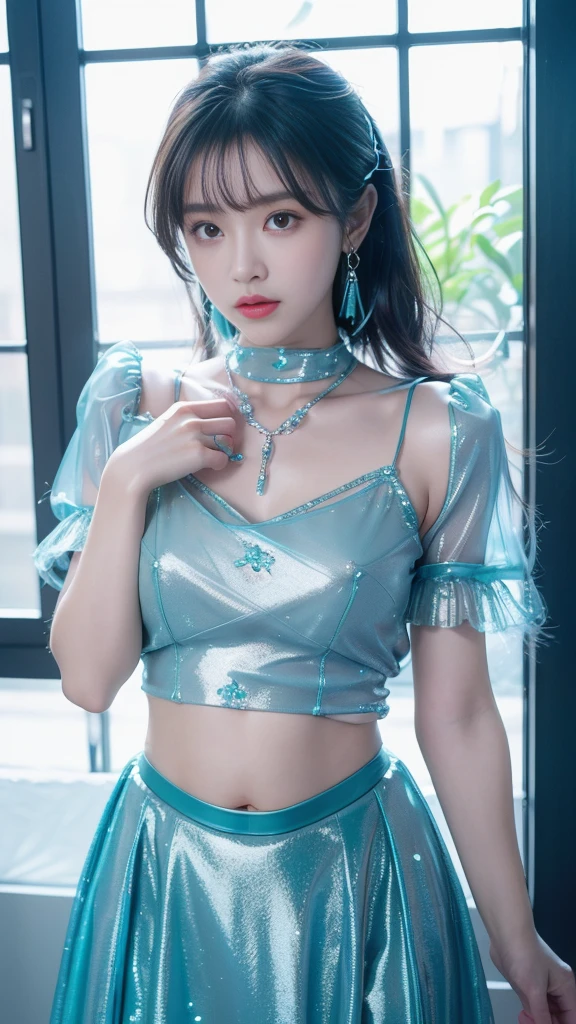 masterpiece, Highest quality, Highly detailed CG Unity 8k wallpaper, (Full body closeup shot of a beautiful girl), Elegant and lively very short hair, (Mckenna Grace), (,belly button,Thighs), (pink cyan) Sheer full skin bodysuit(Sparkly tutu, cheongsam collar, No pants, Genitals are visible), (Spread your legs), (blush), Oilskin, (Captivating smile), (Wonderland), Pretty face, Key Art, Awards, intricate detail realism hdr, by (Luan Jia, Altgerm and Range Murata), Photorealism, Hyperrealism, Ultra-realistic, Dramatic Light, Strong Shadows, Nice views, Depth of written boundary