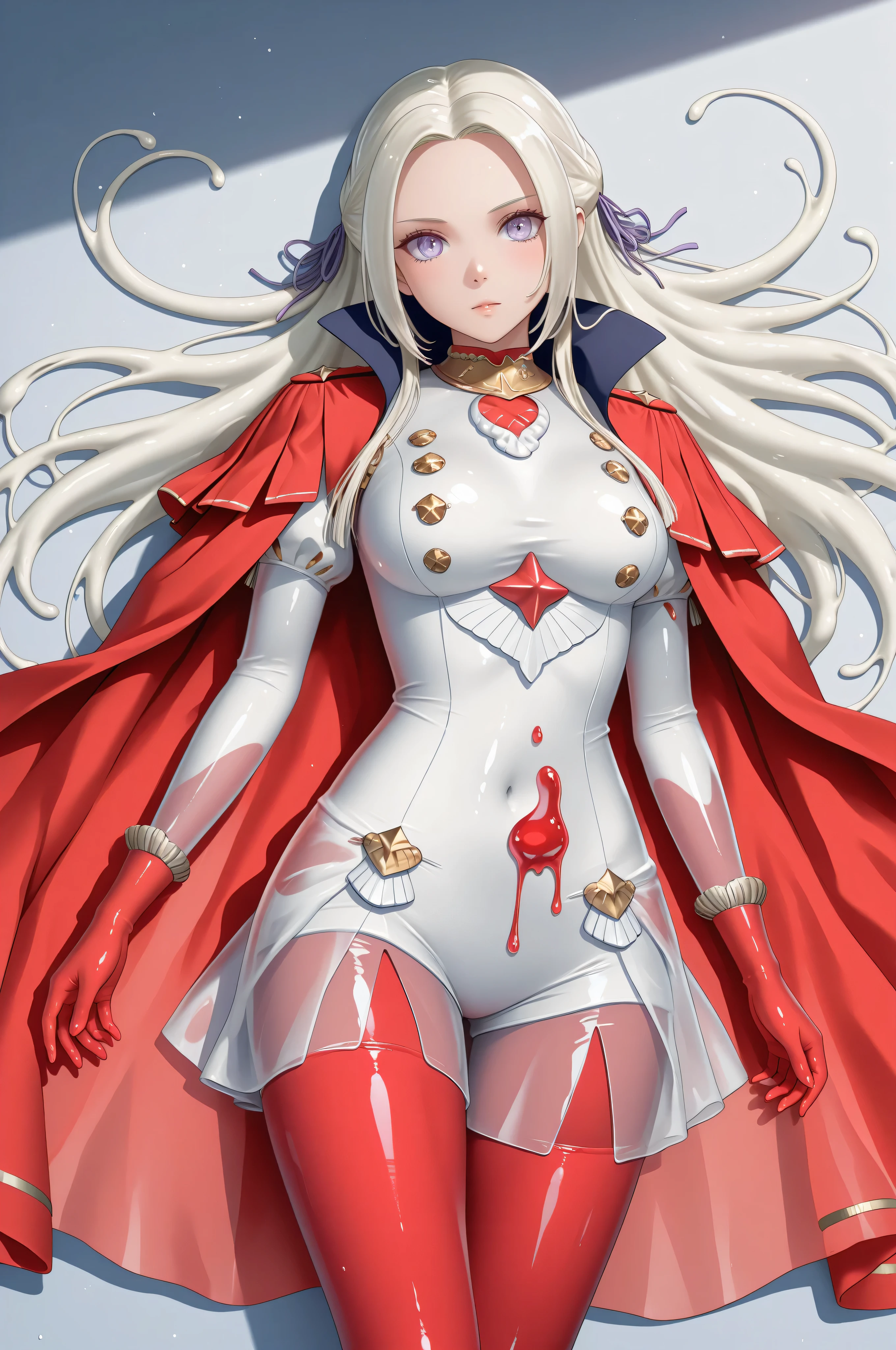 See-through clothes,eyesHD,JellyGirl, transparent skin, transparent, translucent, jelly, slimegirl, liquidy, viscous 1girl, monster girl, slime girl objects in body,slime girl,transparent,translucent,See-through clothes,(adult Edelgard:1.0, sss:1.0, translucent:1.0, subsurface scattering:1.0, transparent, transparent red cape, transparent red pantyhose stockings), dynamic pose:1.0,