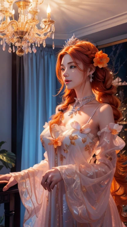 Mulher elegante de 18 anos com cabelos ruivos em cascata e olhos lilases cativantes, adornada com um vestido gracioso. Imagine-a em um jardim sereno, delicately drinking tea in the setting of a majestic castle. Capture a beleza da cena, enfatizando os detalhes de seu traje, o ambiente exuberante do jardim, and the architectural elegance of the castle. Infuse a sense of tranquility and sophistication into the image, criando um momento de charme atemporal