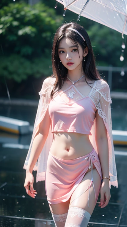 (Sexy: 1.1), 1 girl, 18 years old girl, slim body, medium breasts, transparent openwork belly pocket, blue light tulle, short skirt, open shoulders, navel, breast_focus, realistic skin, realistic detailed fingers, realistic face shape, (sweating: 0.8), (gloss: 0.6), detailed eyes, looking into the distance, makeup, lip liner, wing eyeliner, hoop earrings, peach blossoms, lakeside, 8k resolution concept art, power light effects, WLOP, dynamic lighting, super detailed, intricate details, splash art, artstation trend, ternary colors, unreal engine 5, volumetric lighting,