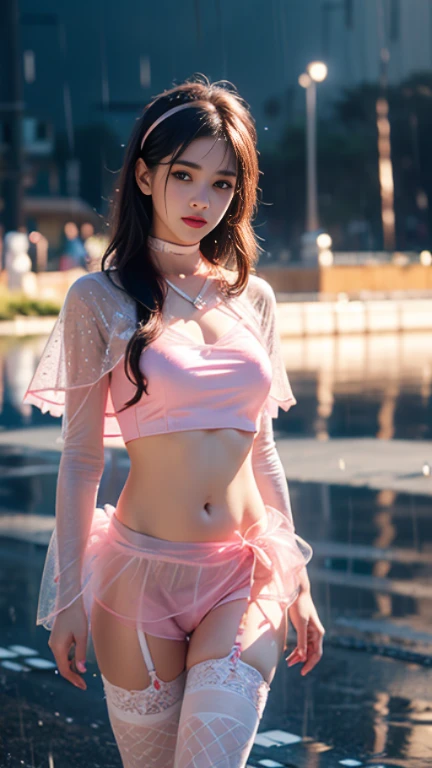 An Asian Chinese female model, (background：Night city), (background：Park by the lake), (8K Ultra HD, Digital SLR Camera, Soft Light, high quality, Volumetric Lighting, frank, photo, high resolution, 4K, 8K, Bokeh), ((Create stunning images of real girls), warm light, Dynamic poses, Elegant Posture, Cowboy lens, Full body front view, From the front，Be confident, Front of the body facing the camera, Standing posture facing the camera, Open your legs slightly, Golden Ratio Graphics, Minimalism), (Show a charming smile, Willow Leaf Eyebrows, big eyes, Apricot eye prick, Cherry Blossom, Balanced Eyes, Oval face, Pretty Face, Normal facial features, Skin is transparent and visible, Thin skin and tender meat, cosmetic, earrings, bracelet, necklace, Jewelry, veil, Hair accessories), (Brown hair, Wavy curly hairstyle, Waist-length hair, Messy Hairstyle, Gradient hairstyles, Cyberpunk hairstyle), ((Transparent clothes：1.5), (Color of clothes:Coral pink), Sexy clothes, Mesh clothes, Transparent mesh one-piece swimsuit, Lace sexy lingerie), (Sexy, Perfect breast shape, Teardrop-shaped chest shape, Snow-white breasts, very detailed breasts, 34E cup, Exposing the southern breast), (Super high waist clothes, Waist hollow,Camel toe, Levain), (Black socks, Sheer lace knee socks, 吊garter, Leg ring, garter, 腿部garter)
