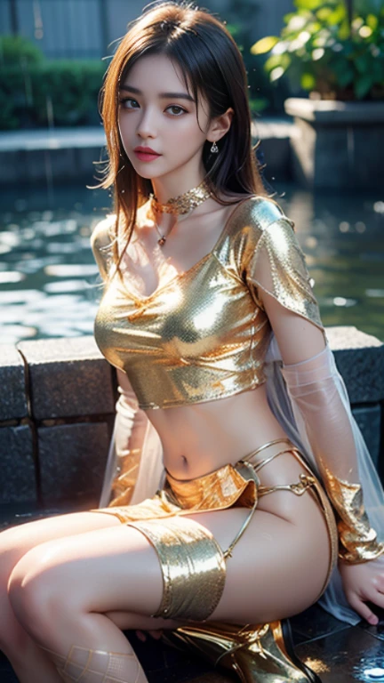 1 bodacious 23 year-old blonde djinn genie girl, high waterfall ponytail hairstyle, wearing shimmering, translucent fabric that drapes elegantly over her shoulders & huge breasts, leaving her midriff & underboobs exposed. The fabric is adorned with intricate black gold embroidery, reminiscent of Jeannie's harem top, but with a futuristic twist.