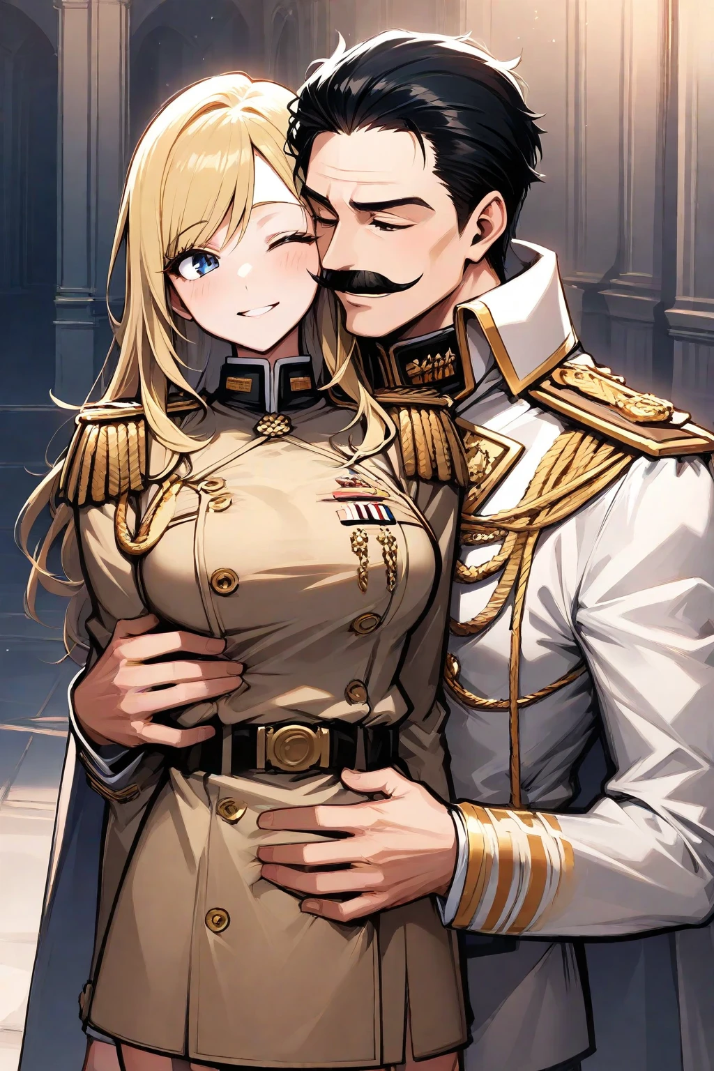 ((Highest quality)), ((masterpiece)), (detailed), (Perfect Face)、The woman is Princess Leona, with medium-long light brown hair. She is wearing a black military uniform and a military cap, and is in a luxurious bed with a strong and dignified old man, an old general, who holds her close and kisses her while inserting his penis into her pussy and ejaculates a large amount of semen into her pussy.、Women are brainwashed, expressionless, and have no highlights in their eyes.