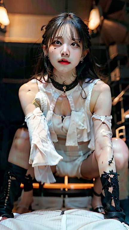 best image quality,excellent details,ultra high resolution,1 female prisoner,She was in a cage,She was dressed in prisoner's clothes,Lock,handcuffs,scar,solid body,sexy and durable,detailed abs,Detailed muscle lines,Tattoos with a large area,lots of tattoos,dynamic pose,night,Cage background,dim light,Highly detailed handcuffss,Highly detailed prison uniform,frontage,full body photo,view from bottom to top,view from below, look at the audience