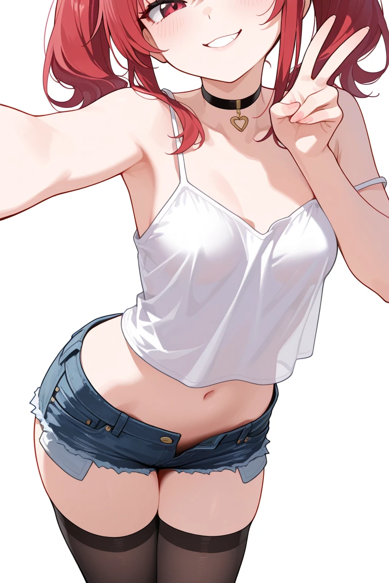 Nishikino maki, Purple eyes, red hair, lipstick,black crop top, denim pants, low waist pants, open fly pants, glasses, bracelet, cleavage, standing, realistic art, cowboy shot, sexy,toned stomach, embarrassed,sweaty,arms behind back, (undressing:1.2), (panties:1.2),big breasts, (ecchi anime style:1.3), simple womb tattoo on underbelly, fly down, covered nipples