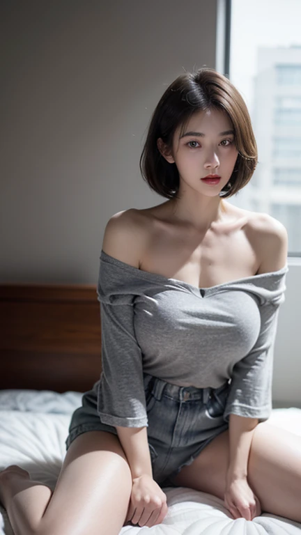 top-quality、(Photorealsitic:1.2)、1girl in、独奏、shinny skin、A detailed face、sface focus、A dark-haired、、Long cut、(Look at viewers:1.5)、black eyes、white  shirt、torn jeans、(a picture:0.8)、Sexy breasts、Mole on the chest、8K
