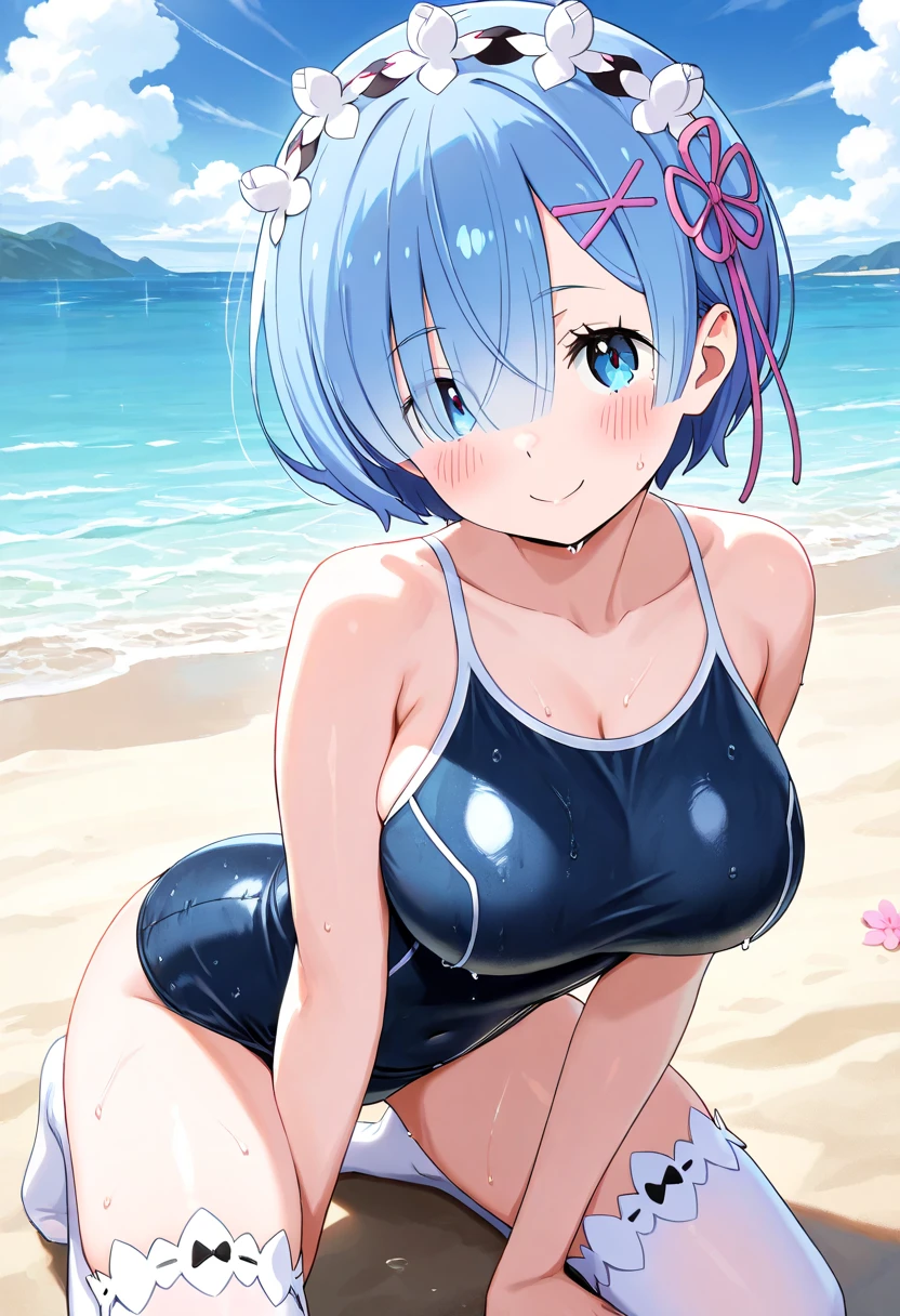 1girl, rem (re:zero),re:zero kara hajimeru isekai seikatsu, flower pattern bikii,bandeau bikini,bouncing breasts:1.1, beach volleyball, mid-jump pose, intense sunlight, sand spraying, other beachgoers in background, determined expression, sweat glistening, masterpiece, best quality, absurdres,motion lines:1.3