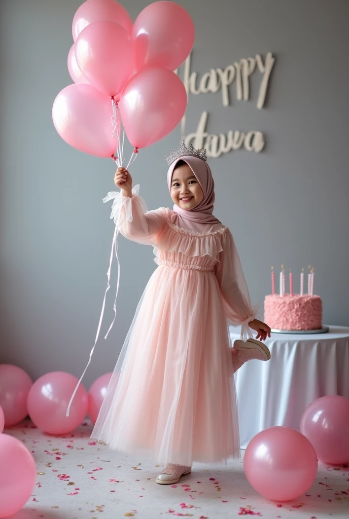 real potrait, full body, long shot, a 3-year-old girl wearing a hijab, Sit down, in front of him is a birthday cake, there are number candles "3", Behind there are birthday party accessories, festive atmosphere, charming bright colors