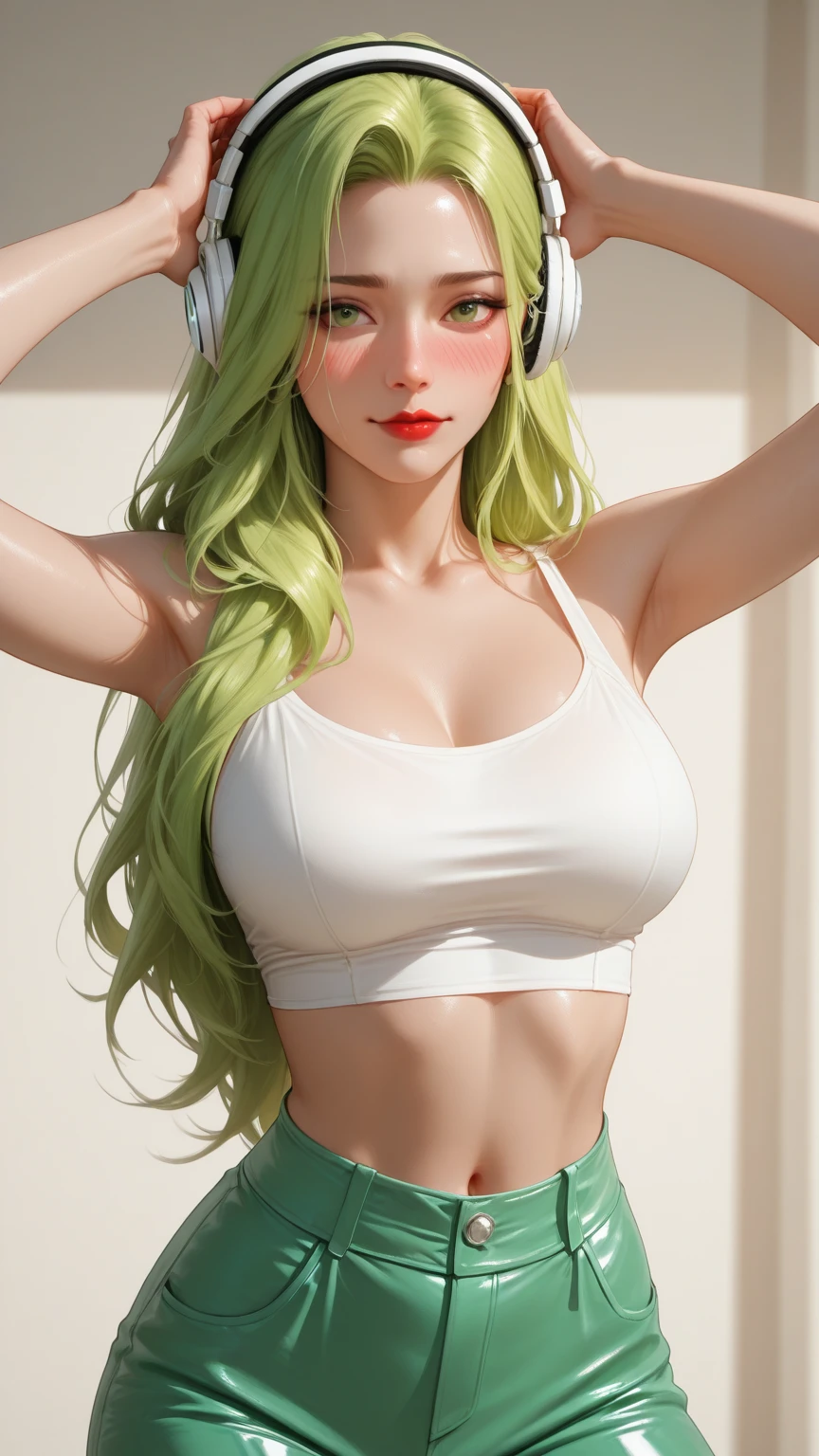 A fit young woman in her 20s. wearing a white sports bra and green yoga pants. She has long, wavy green hair flowing down.
}no background. on the stage. huge boobs looking at the camera,she is walking ."The model is sitting on the floor with one knee bent and the other leg extended, One hand is on the ground for support, the other is running through her hair, She's sending seductive glances toward the camera."
