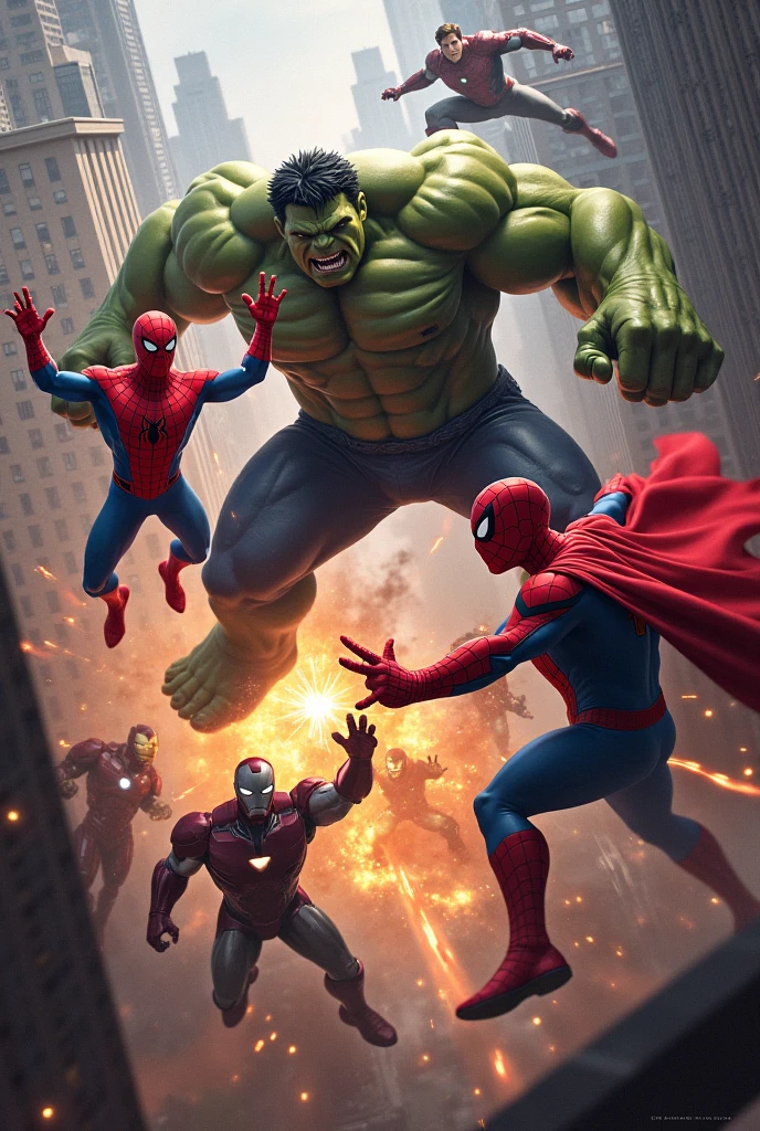 Spider-Man and Hulk fighting. Batman is trying to separate them..