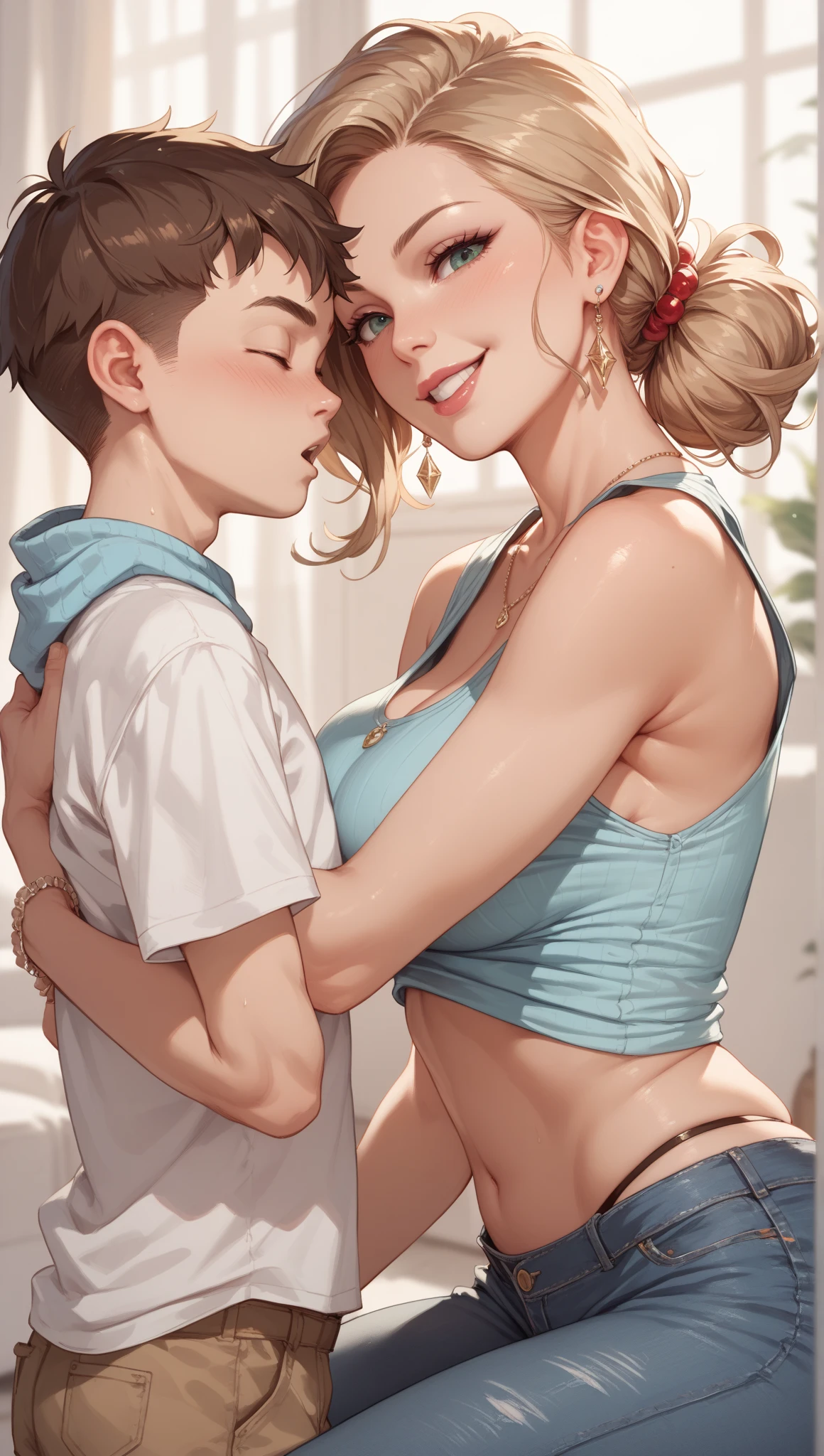 "Mom kissing her little boy on his lips with passionate",lips on lips stick,(boy sitting on mom lap),(head to head),(mom face of lust,with closed her eyes),blonde hair, salive,Mother is seen wearing transparant bra,huge sagging breasts,(huge breast:1.4),pink nipple,Little boy is seen wearing panties without clothes,sweaty, master part, Realistic, high resolution, alta qualidade, extremely high quality, best quality, ultra detalhado, extremamente detalhado,