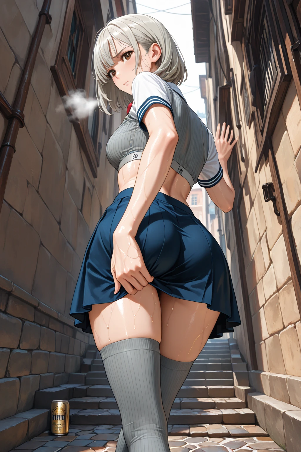 Dark skinned blonde high school girl with huge futanari erection and no panties urinates on the stairs、Smiling and ejaculating in ecstasy while defecating in large quantities