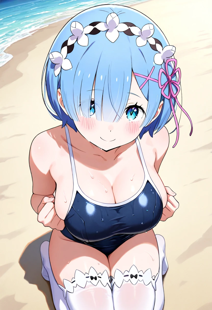 Erotic, nsfw, sexy, 18+, 1girl, bikini, side-tie bikini bottom, ass,, masterpiece, best quality,show breasts, show ass, beach on the background, highly detailed, 1girl,blue hair, blue eyes, detached sleeves,hair ornament, bare shoulders, single hair ring,green bow