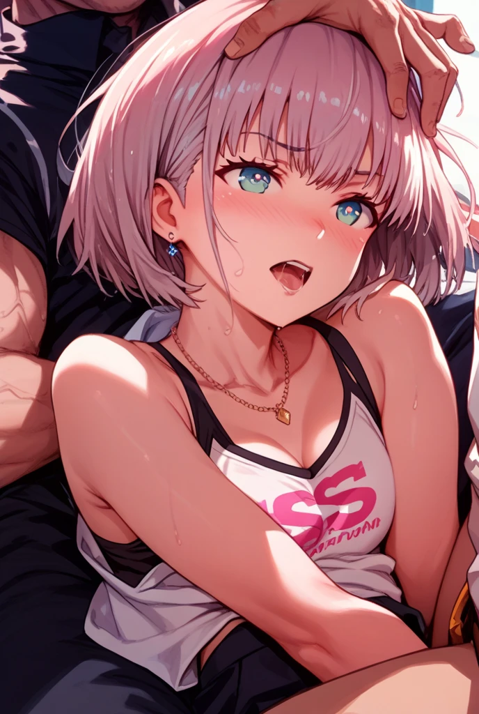 Masturbate on the bed、Red face、Heavy breathing、Watery eye、Navy school swimsuit、Undressing、Girl with pink hair、blue eyes