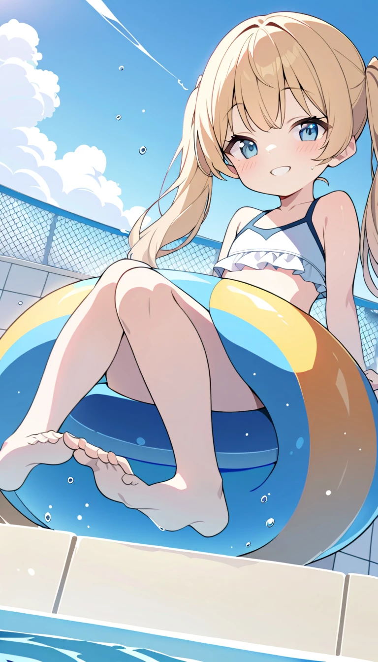 A girl in a swimsuit with her legs spread