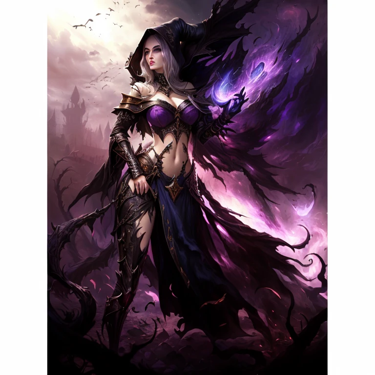 girl, dark necromancer, evil look, necromancer dress with hood, wielding a staff, using dark magic, sexi, small breasts, facepaint, bodypaint, dark aura, menacing, psychotic, highly detailed, vibrant appearance, creative behavior, imaginative, sensual, spontaneous, highest quality, skin texture, intricate details, (cinematic lighting), RAW photo, 8k, masterpiece,best quality,ultra-detailed,very detailed illustrations,extremely detailed,intricate details,highres,super complex details,extremely detailed 8k cg wallpaper,