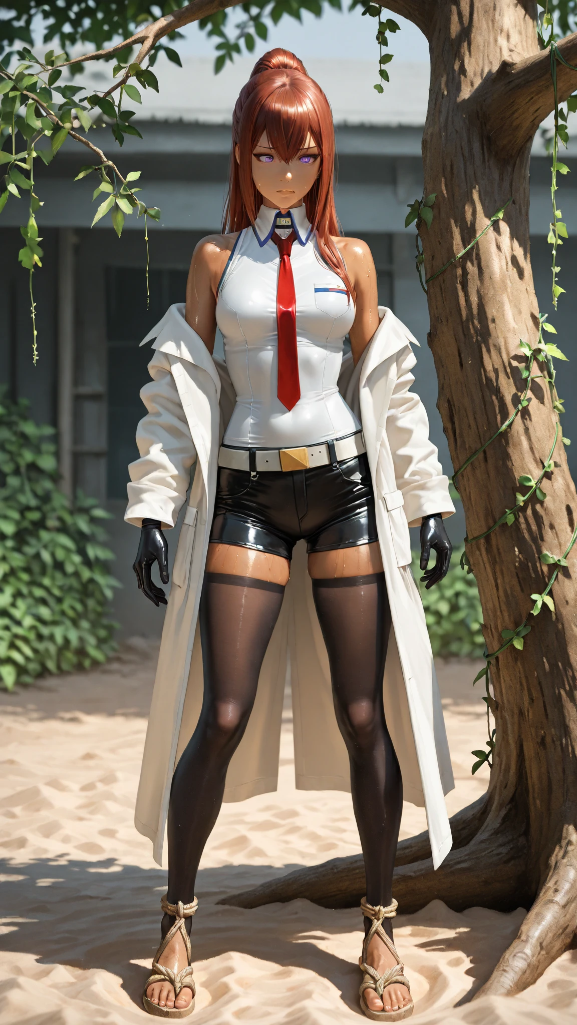 masterpiece,Short-haired Supergirl sitting at school desk with legs spread、large full breasts、Looking at the camera、Glossy enamel costume、Glossy bright red enamel long boots、Shiny red skirt、seduces、a choker、Large open legs