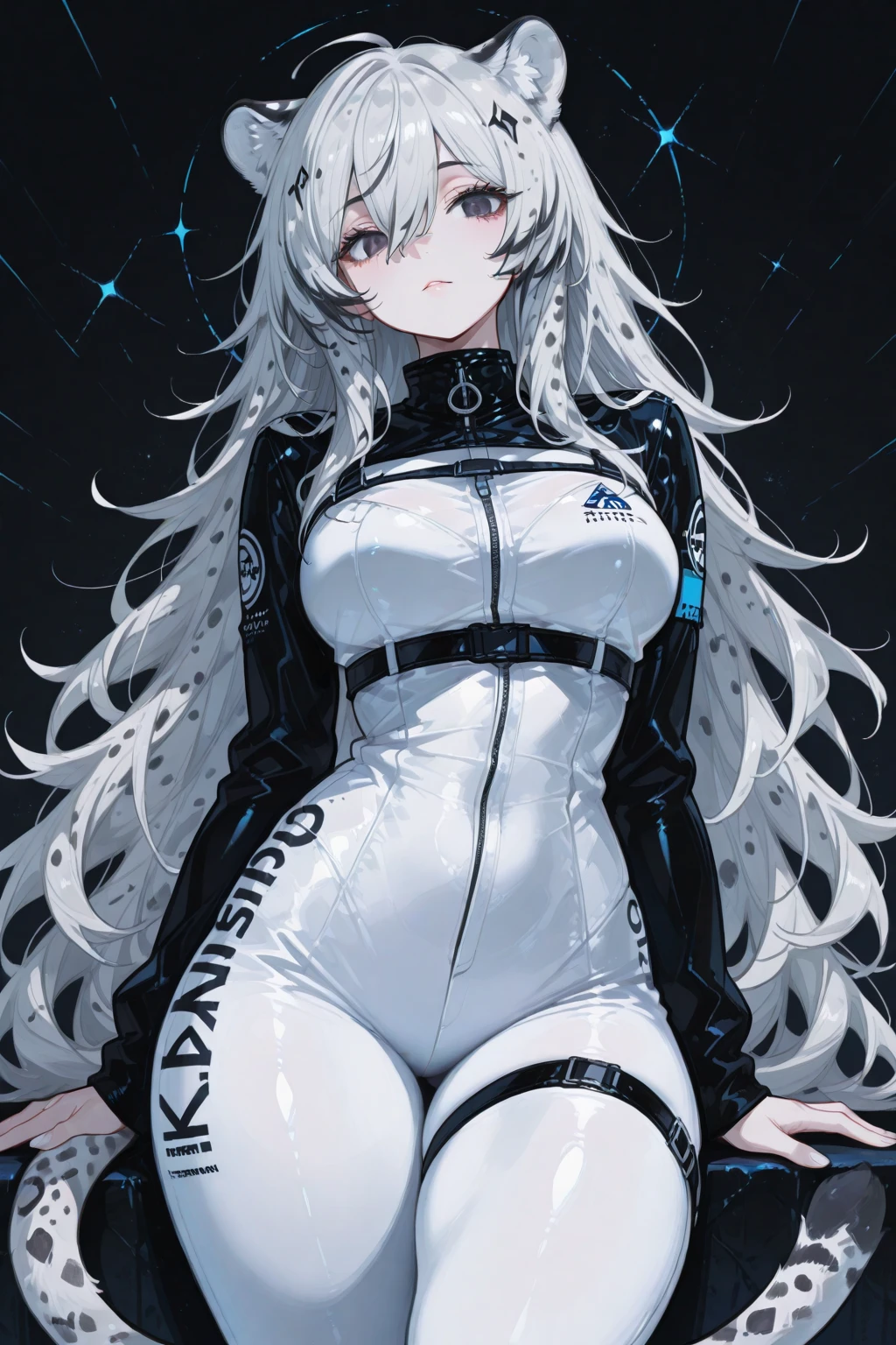 masterpiece, best quality, 4k, UHD, mishoujo, beautiful eyes and detailed face, illustration, beautiful detailed, high resolution illustration, glowing_white_particles, 1girl, white hair, light purple eye, hair over one eye, short side tail, baseball cap, expressionless, black latex jumpsuit, black jacket, black thigh high boots, kneeling