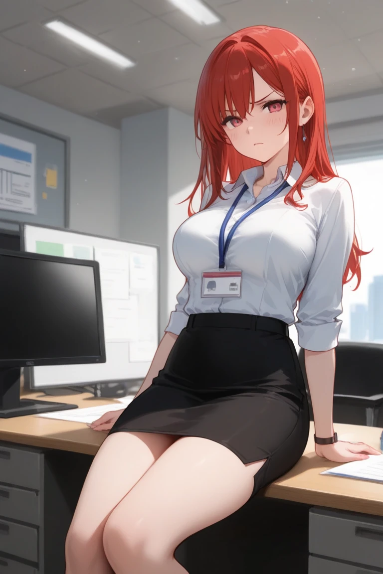 Anime woman, solo, anatomically correct, red hair, long hair, straight hair, beautiful green eyes, immense boobs, immensely large boobs, small waist, wide hips, juicy thighs, sitting on a chair, legs crossed, wearing black office suit unbuttoned, white office shirt unbuttoned, cleavage, tight black mini skirt, office background, ultra detailed, seductive expression, sexy expression, looking at the viewer, 8k, best quality, masterpiece