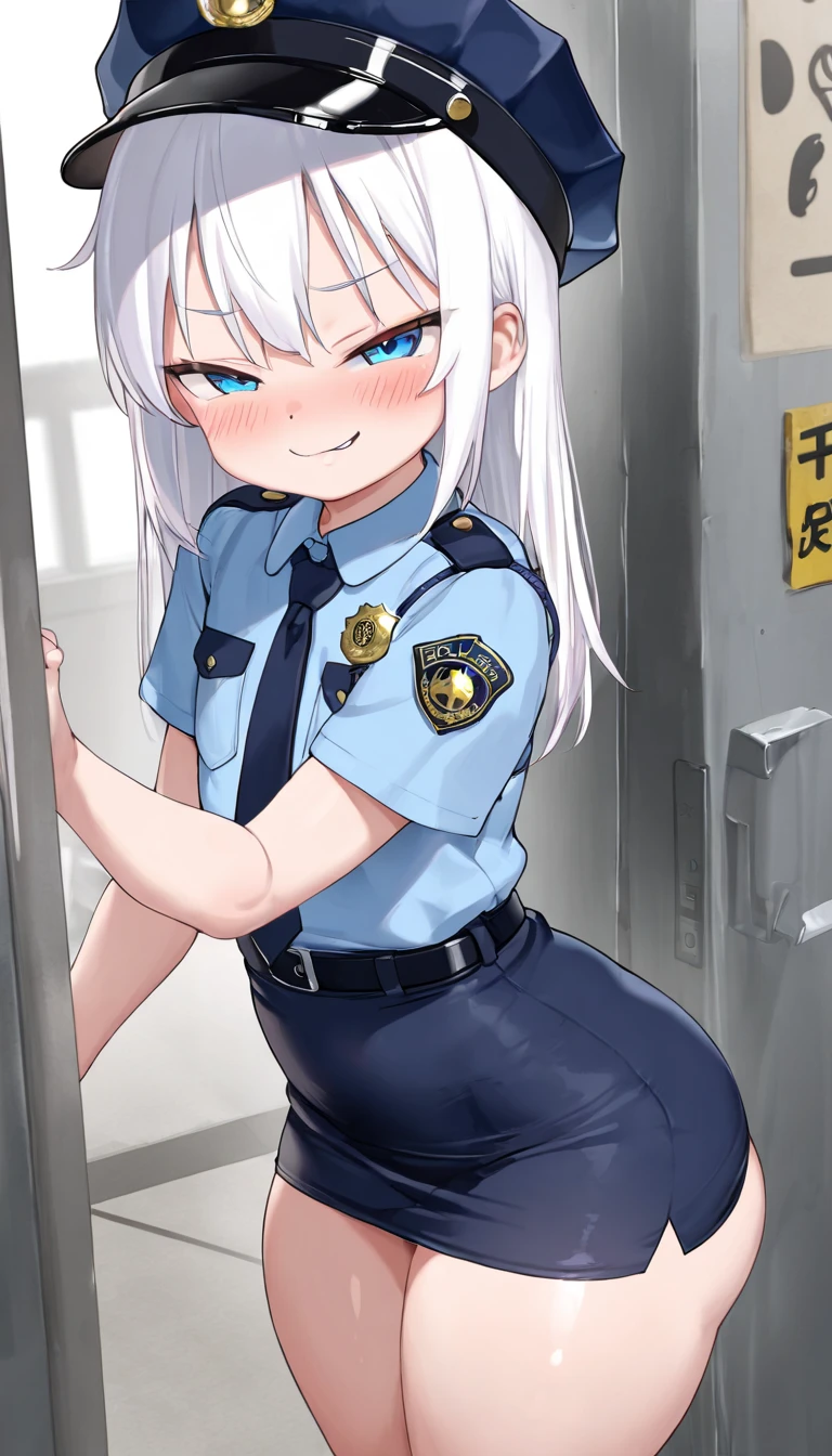 NSFW,masterpiece,Highest quality,High resolution,Very detailed,Baby-faced girl,Young face,Round face,mole,long hair,Twin tails,Short height,Police Officer,hat,Pencil Skirt,pantyhose,Heel,Nightlife,(Molestation),is nervous,(Lustful face),I feel,In heat,Love juice drips