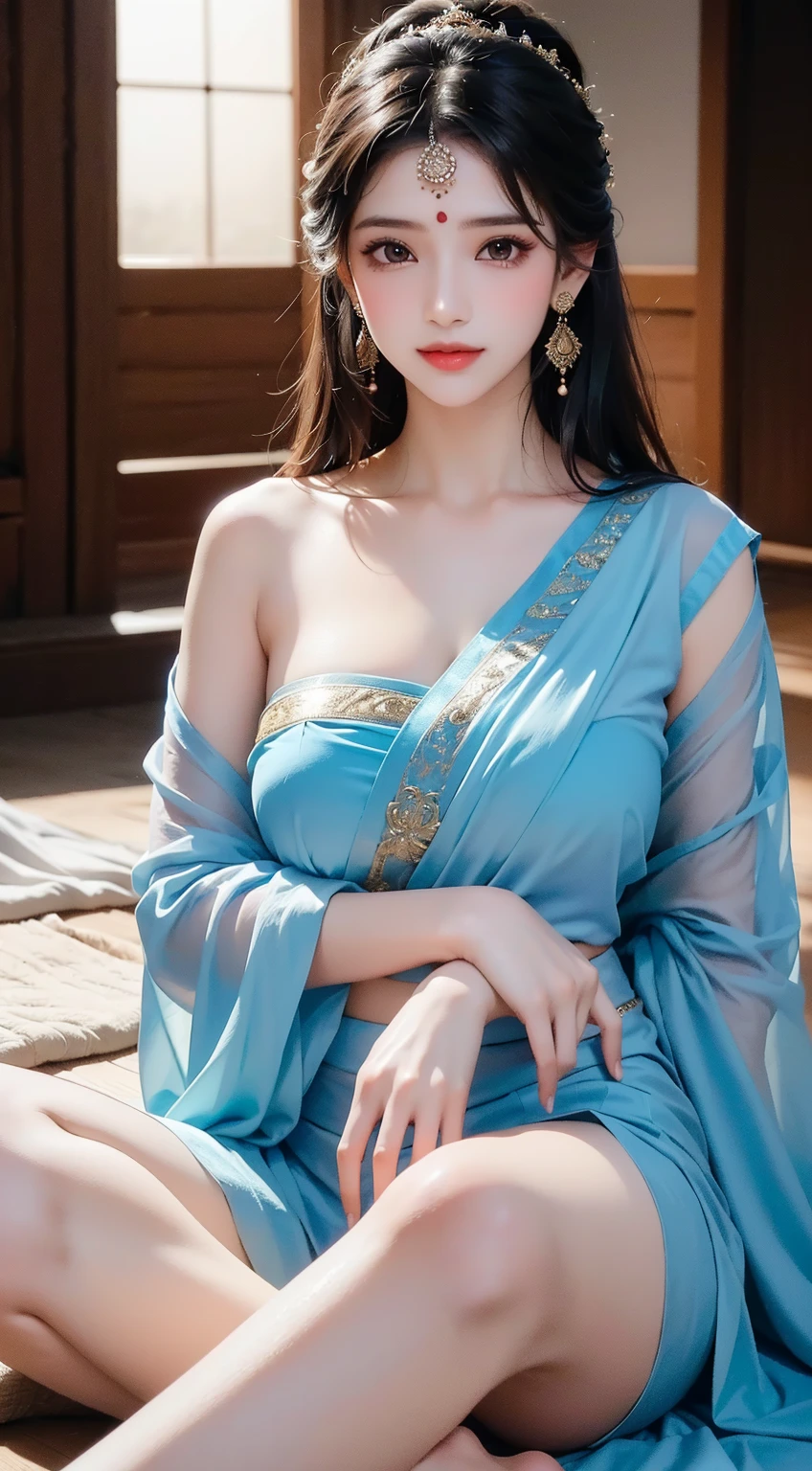 Highly detailed CG Unity 8K wallpaper, With the highest quality, (UHD:1.2,32k), (face detailed:1.2), super detailed, Master Piece, Realistic, photograph realistic, extremely detailed cute girl, 25 years old, blush , Round eyes, small breasts , cleavage, looking viewer,((full-body shot:1.2)) , (Indian saree:1.4), (sitting in the temple:1.2), (outdoor:1.1), (Dynamic Pose), (DSLR photo), ((f/11 Sony A7S 135mm)), (Realistic Skin tone),(nsfw:1.4)