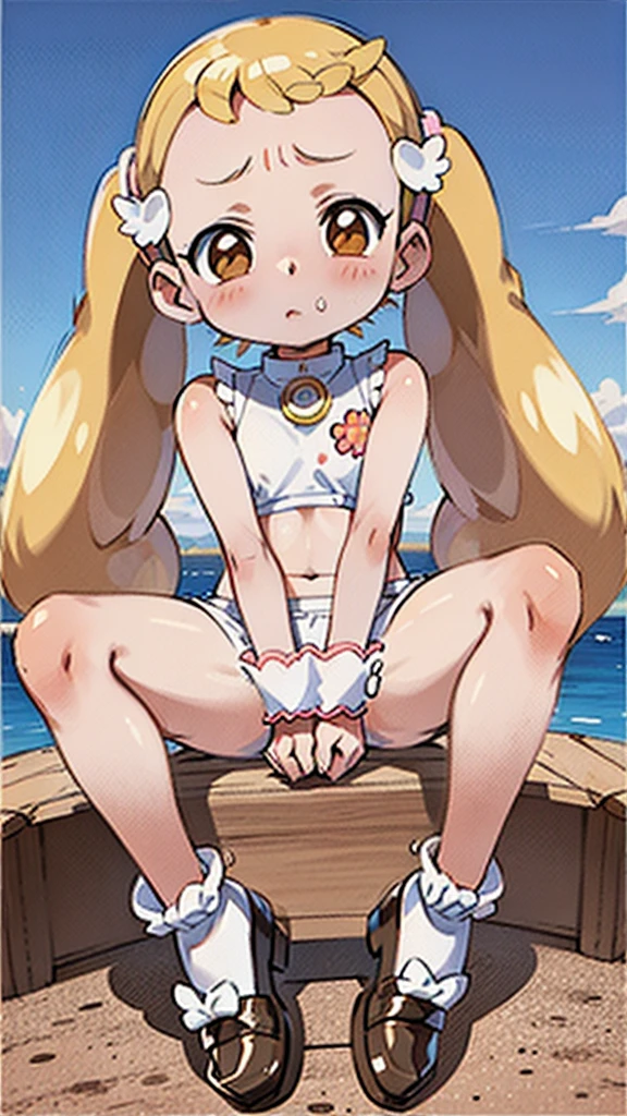 anime, (high quality, detailed, beautiful), shiny, detailed beautiful eyes, outstanding, countershading, detailed soft lighting, an exquisite animation illustration, score_9, score_8_up, score_7_up, source_anime, anime screencap, anime coloring, sidelighting, shiny luminous, 1girl, blonde hair, long hair, blue eyes, forehead, double bun, braided bun, twintails, sidelocks, keyhole, forehead mark, one-piece swimsuit, dress swimsuit, polka dot bow, orange bow, white headgear, Mitre, smile, open mouth, outdoors, church, bowl, beach, sunlight, shiny skin, wet skin, very sweaty, very wet skin, steaming body, awkward smiles, shy, blush, squatting, ass, from behind, looking at viewer, cowboy shot, expressiveh, attractive poses, poop, pooping, pooping in bowl,