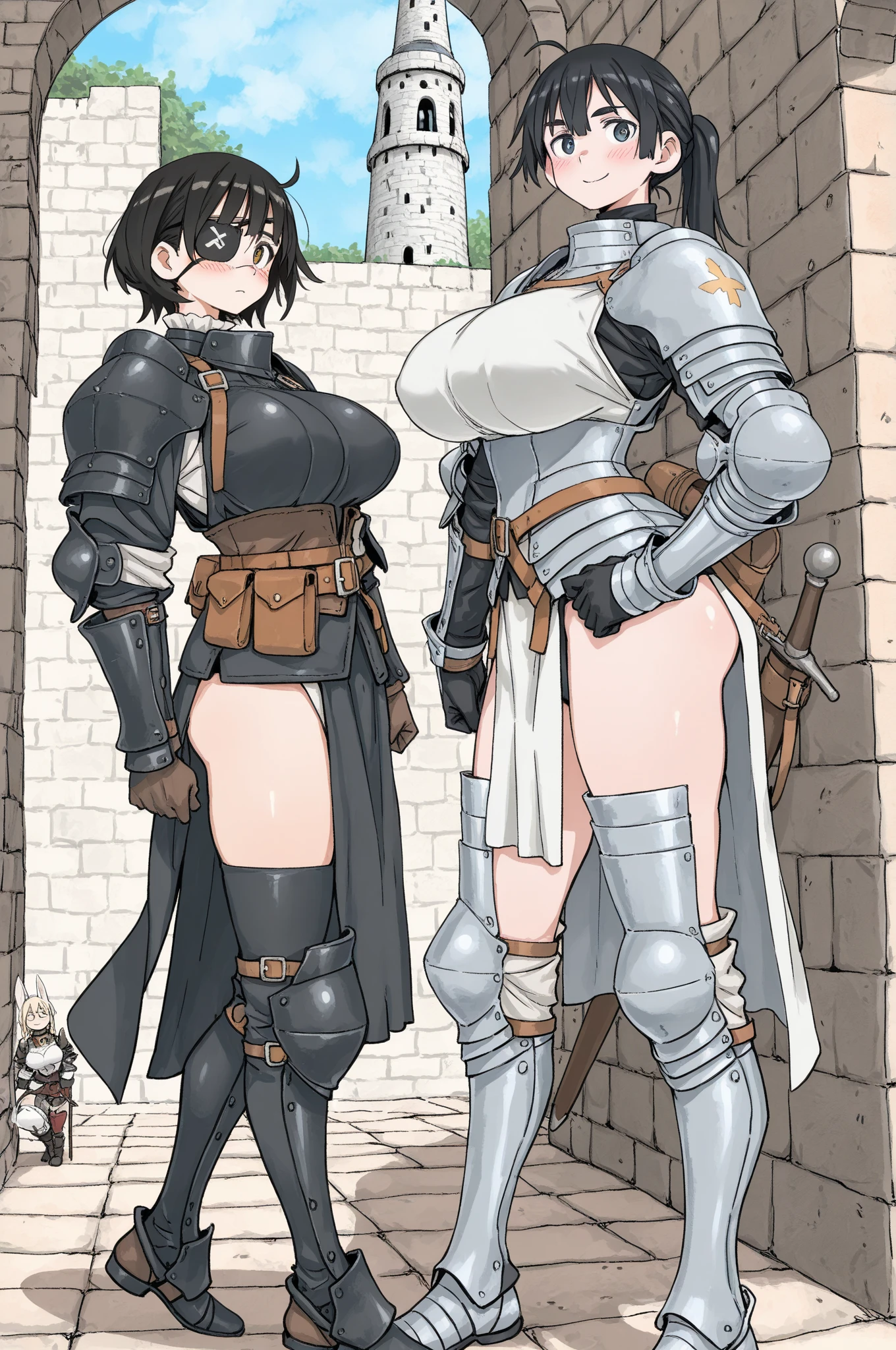 (((1 Woman with a belt with a sword and a backpack on her back, with a mini blouse with a fir zipper, with white panties)),((black hair)),((eyes close)),((bare breasts and protruding and very small)),((standing with hands in the air, in a medieval room, during the day