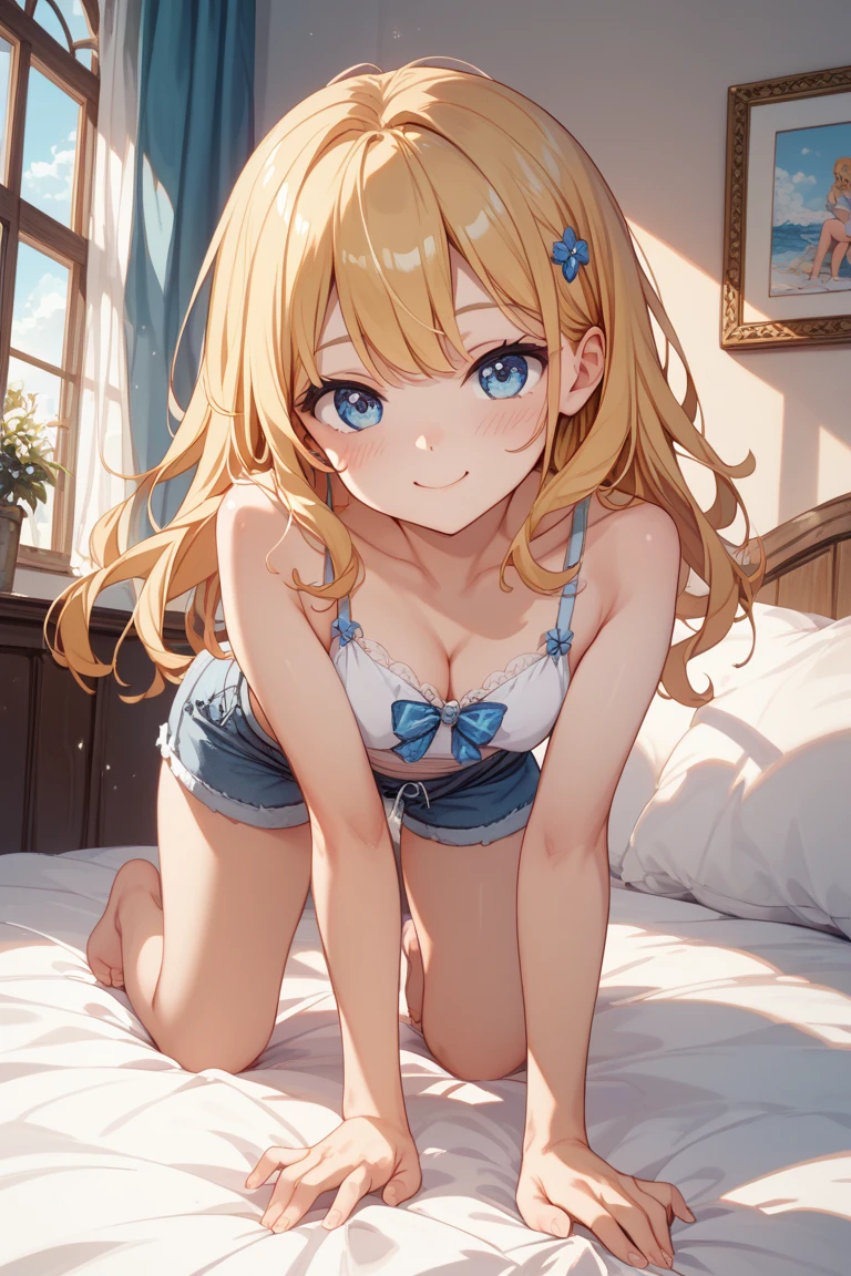 NSFW,(pale illustration,anime illustrations:1.2),(masterpiece, highest quality, so beautiful, Super detailed),textured skin, high details,8k,gleaming skin,pale outline
(hachimiya meguru, idolmaster:1.2),gold hair,
1 girl,(black Thighhighs:1.3),middle breasts,shorty,happy smile,
bikini,standing,
from front,white and clean bedroom