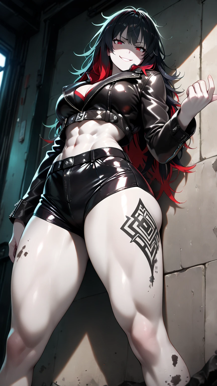 A stunningly realistic dark fantasy portrait of a tall, leggy red-haired woman with a chiseled abs, small waist, large emerald green eyes, and plump lips. She stands confidently, her body displayed in all its glory. The background is a mix of dark, brooding colors, with some ethereal elements, creating an atmospheric and mysterious setting. The overall tone of the image is a blend of beauty, power, and darkness., dark fantasy, portrait photography, painting