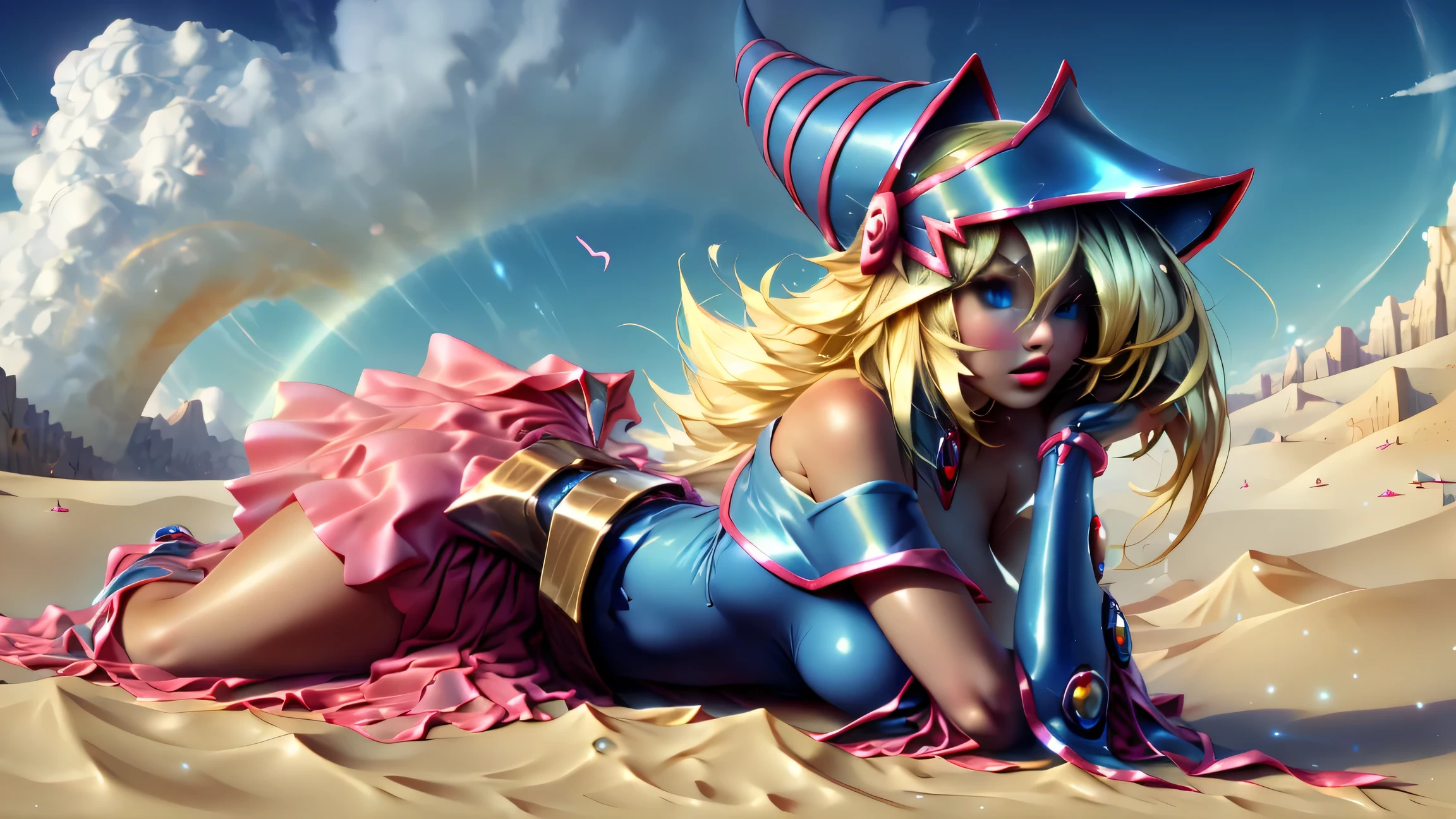 1girl, solamente,Lindo, Sensual, sentado sobre el agua, HMDMG1, Sombrero de mago, escote, hombros desnudos, vestido, fuera del hombro, magica, Mistro, particuls, corazones, amar,Molienda, Detalles altos, Arte digital, Obra maestra, ojos expresivos, papel tapiz, ojos expresivos,Lindo,hermosos ojos, Magia