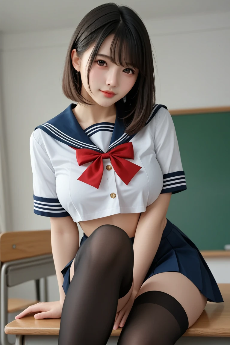 top-quality、masterpiece、独奏、Japan gravure models、Beautiful schoolgirl、18year old、Schoolgirl Uniform、skinny、((Medium Boob、underboob))、(Visible lower milk、Uniform with visible ribs and navel)、open one's legs 、skinny、looking at the viewers、Blushing、school classrooms、sexy pose、Yotsu crawling