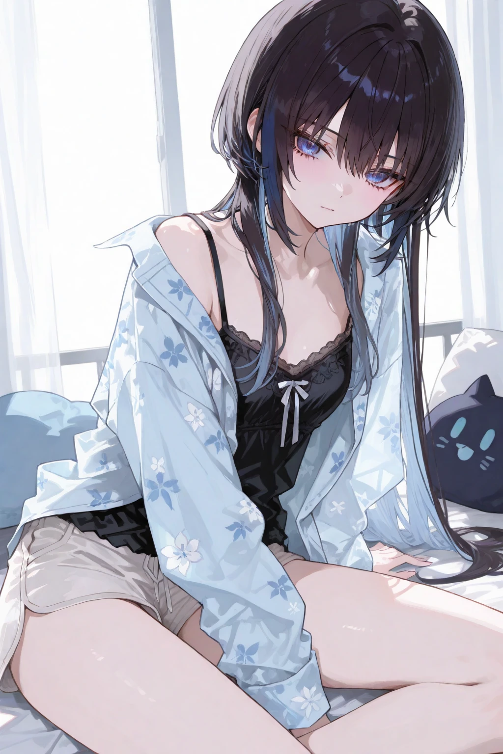 (Pretty Girl:1.3)、 smile,初summerの雰囲気、summer、Sleeping in bed、Before bedtime、Shining Night Sky,,Ultra HD,Fine skin,Black Hair,Small breasts,Black camisole,
